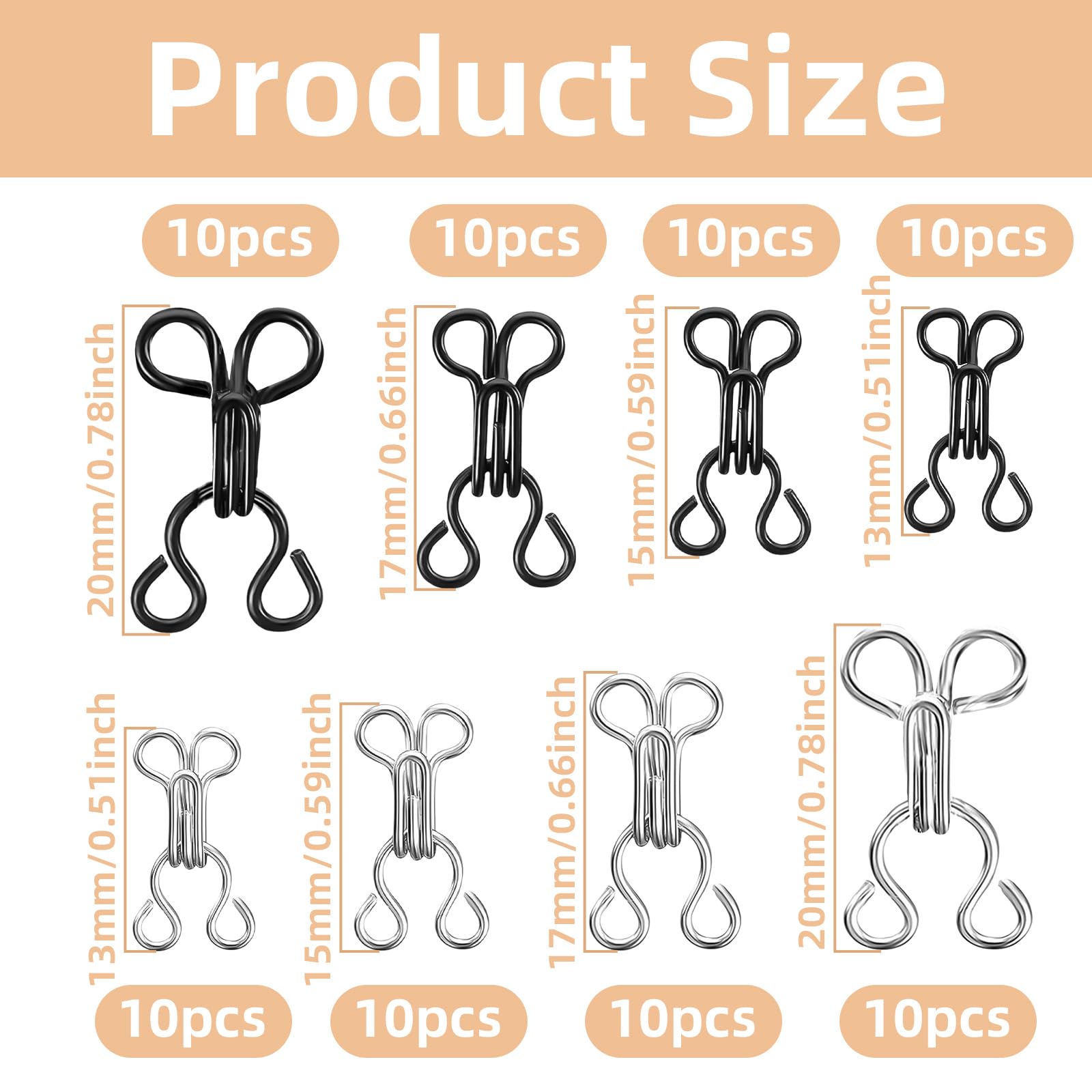 80 Pair Hook and Eye Sewing, 4 Size Bra Hooks Replacement & Hook and Eye Closures for Clothing, Bra Hooks for Bra Replacement Bra Hooks for Dress Trousers Skirt (12.5/14/17/22mm)