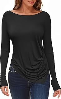 Womens Boat Neck Long Sleeve Tops Ruched Asymmetric Hem Fitted Shirts Casual Yoga Workout Tees