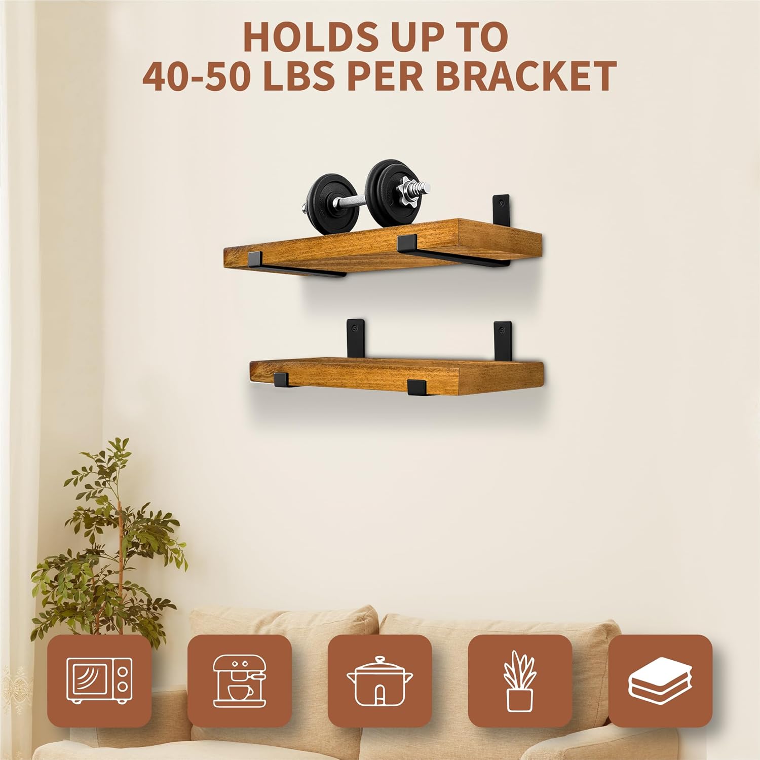 Handcrafted 16 x 12 Inch Pine Wood shelf with Matte Black Steel J Brackets Set of 2 - Rustic shelves for Kitchen, Bathroom, or Living Room – 1.75” Thick Real Pine Wood, Supports 80 lbs (Brown)