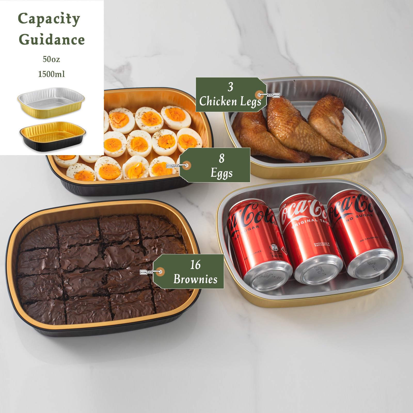 Sartenes ovaladas de aluminio con tapas a presión (paquete de 5) | 2 recipientes reutilizables más gruesos y resistentes de 50 onzas para llevar (negro)