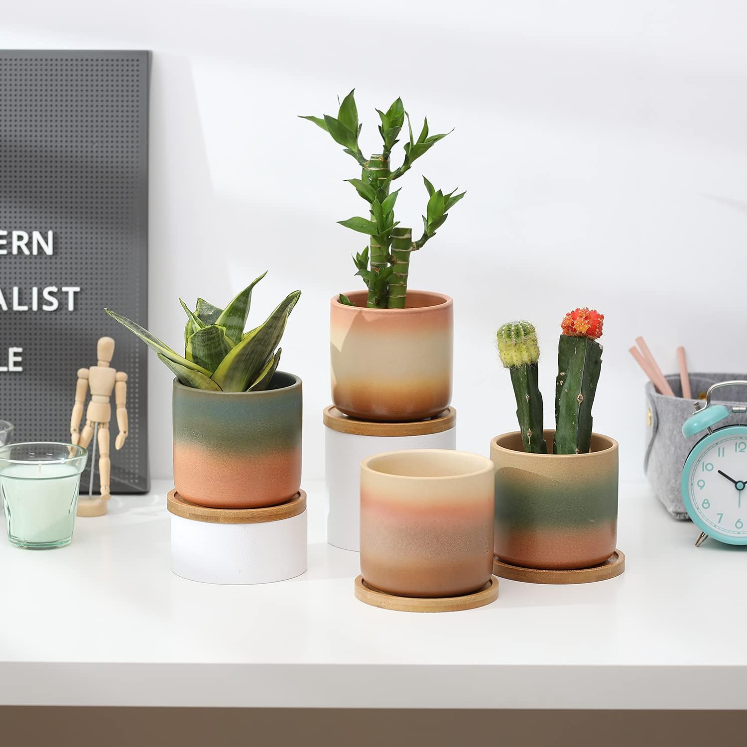 TAMAYKIM 4 Inch Cylinder Ceramic Plant Pots with Drainage Hole and Saucers, Small Glazed Gradient Colors Flower Pot with Trays for Indoor Planter, Succulent, Cactus and Herbs, Set of 4