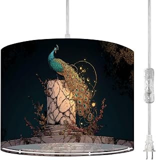 Plug in Pendant Light Hand Drawn Perched Marble Pillar Forgotten Temple Hanging Lamp with Clear Cord Fabric Shade Dimmable Switch for Bedroom Kitchen Living Room Light Fixtures