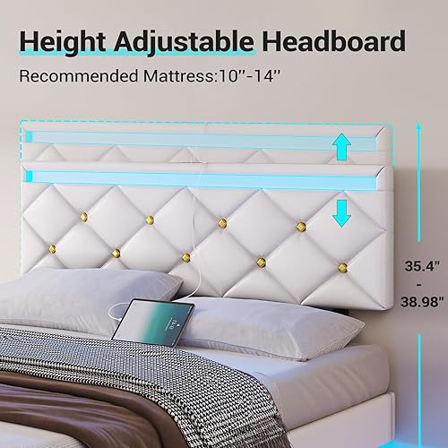 Miniatura 8 de DICTAC Marco de cama flotante Queen con luces LED y puertos USB, moderno marco de cama LED tamaño Queen con cabecero de piel sintética, marco de