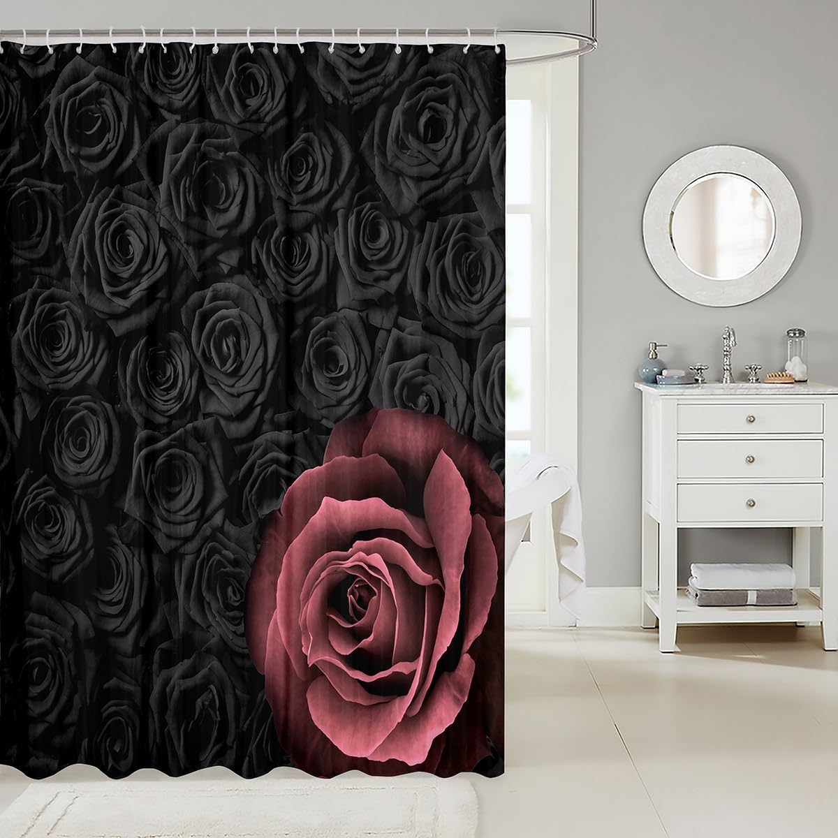 Pink Black Rose Shower Curtain,Romantic Botanical Waterproof Curtain for Kids Girls Women Men Room Decor,Valentine's Day Theme Bathroom Curtain Lovers Couple Vintage Bath Curtain,12 Hooks,72"Wx78"L