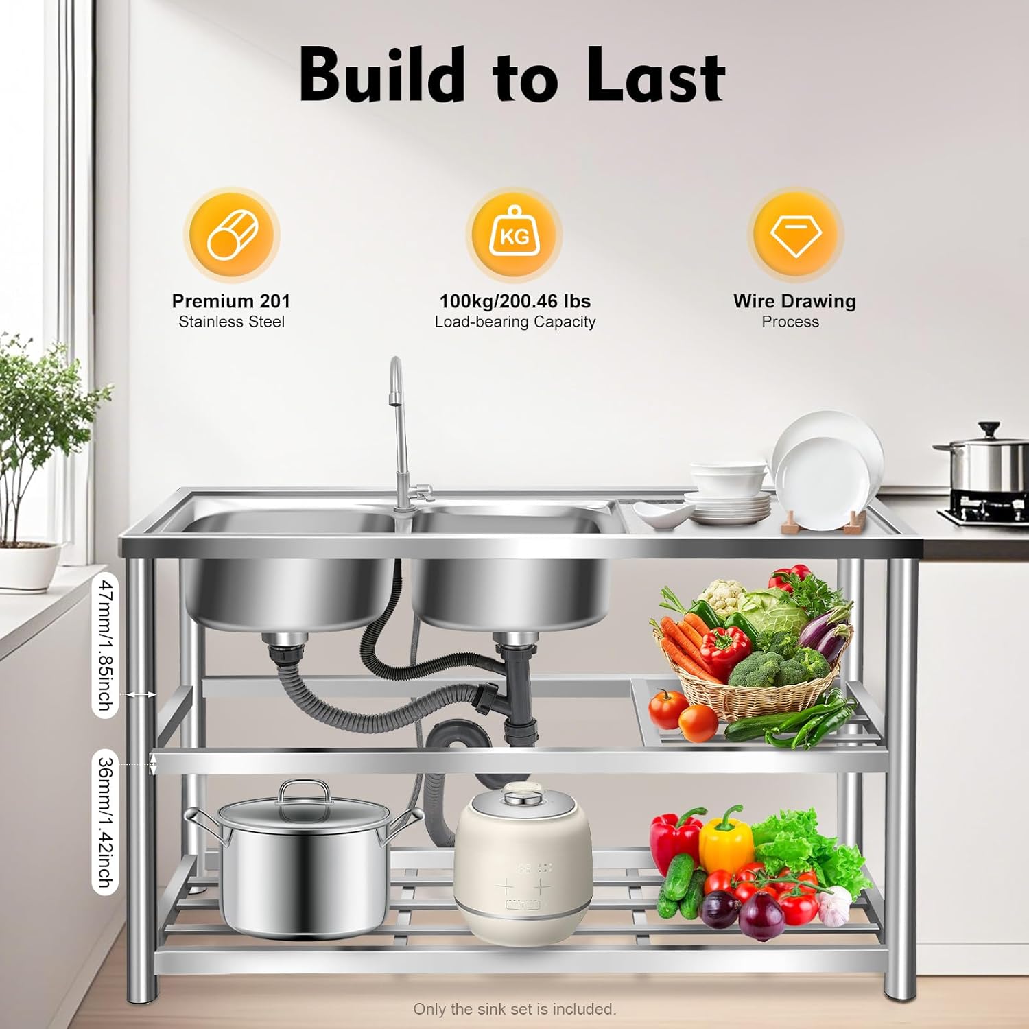 Free Standing Stainless-Steel Double Bowl Commercial Restaurant Kitchen Sink Set W/Faucet & Drainboard,Prep & Utility Washing Hand Basin W/Workbench & Double Storage Shelves Indoor Outdoor