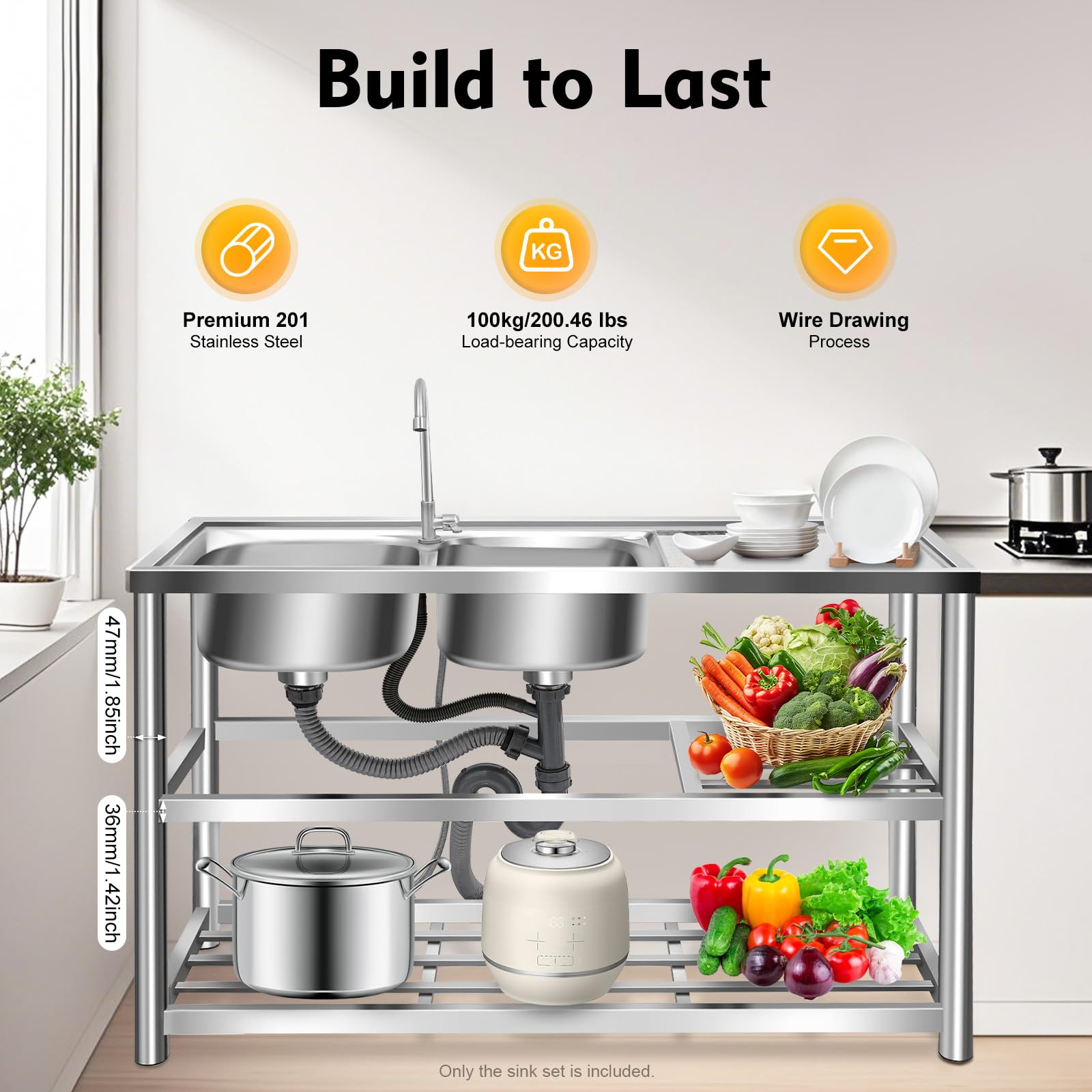 Eleeferri Stainless Steel Sink Double Bowl Utility Sink with Workbench, Drainage Kit, Floor Standing Commercial Restaurant Kitchen Prep Table 2 Washing Basin Large Outdoor Sinks Set with Water Pipe