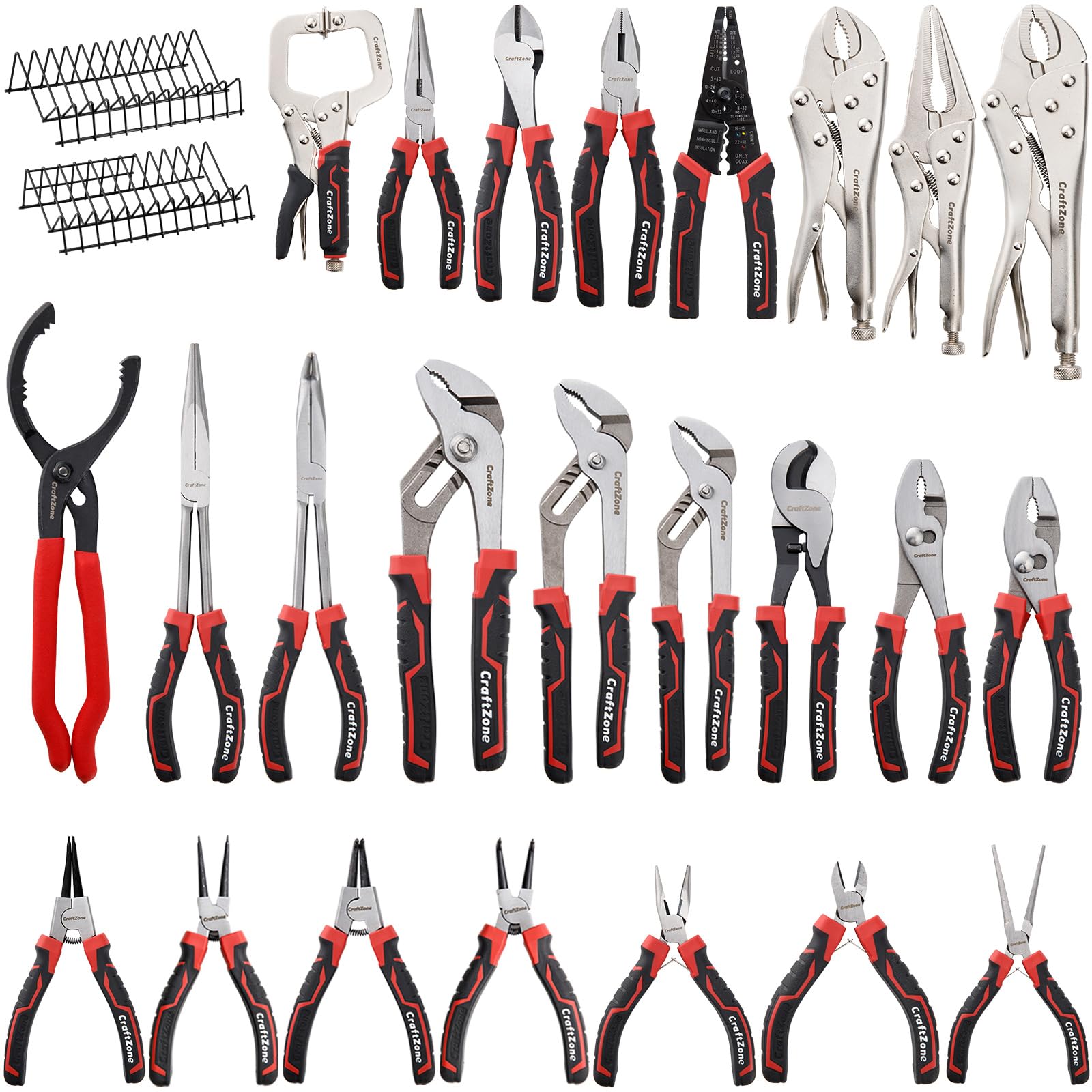 24 PC Pliers Tool Set with Storage Rack, Snap Ring, Needle Nose,Long Reach,Lineman's,Groo…