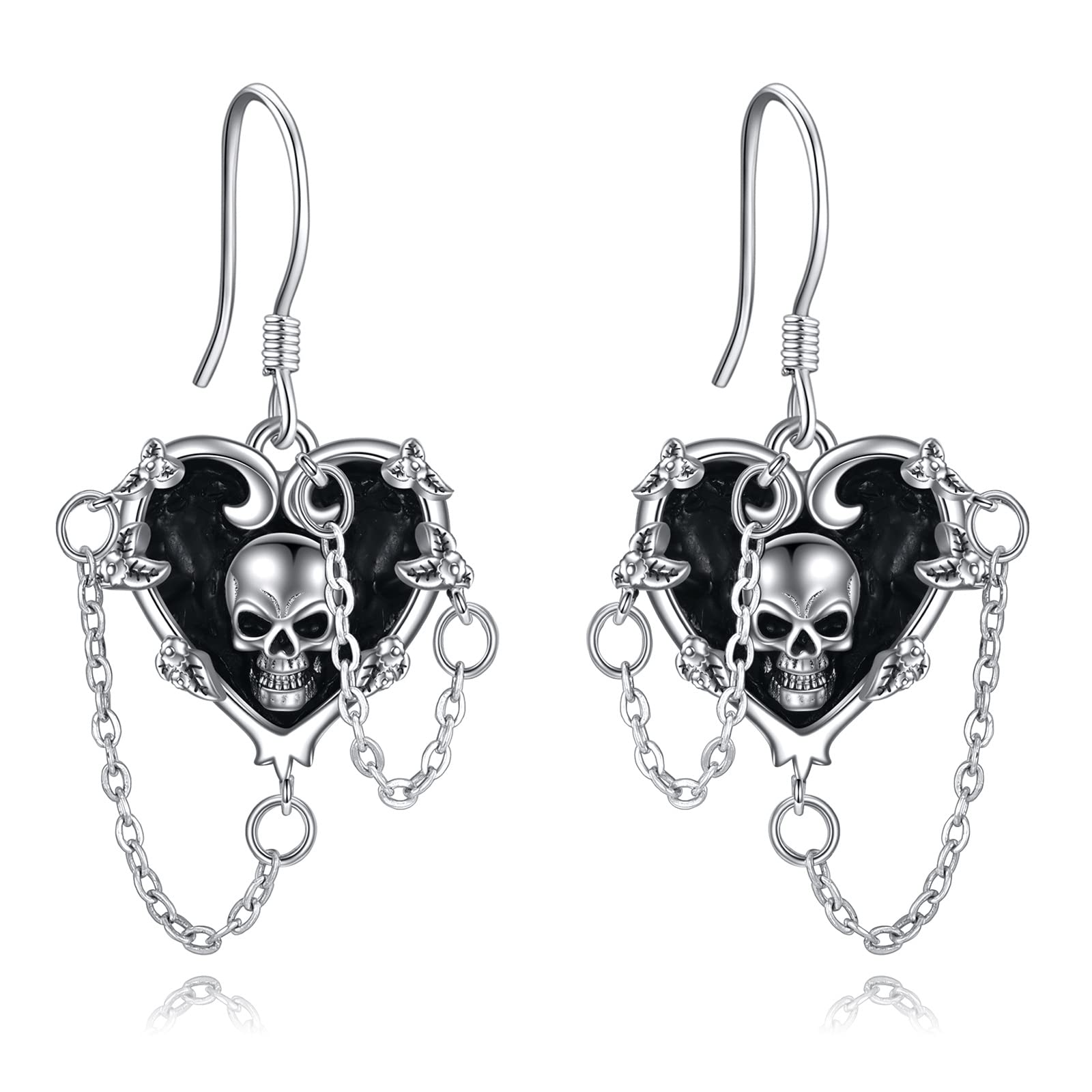 Orecchini da donna a forma di cuore, rosa gotica, stetoscopio, teschio, in argento Sterling 925, con rosa nera, Argento sterling Zirconia cubica, Zirconia cubica