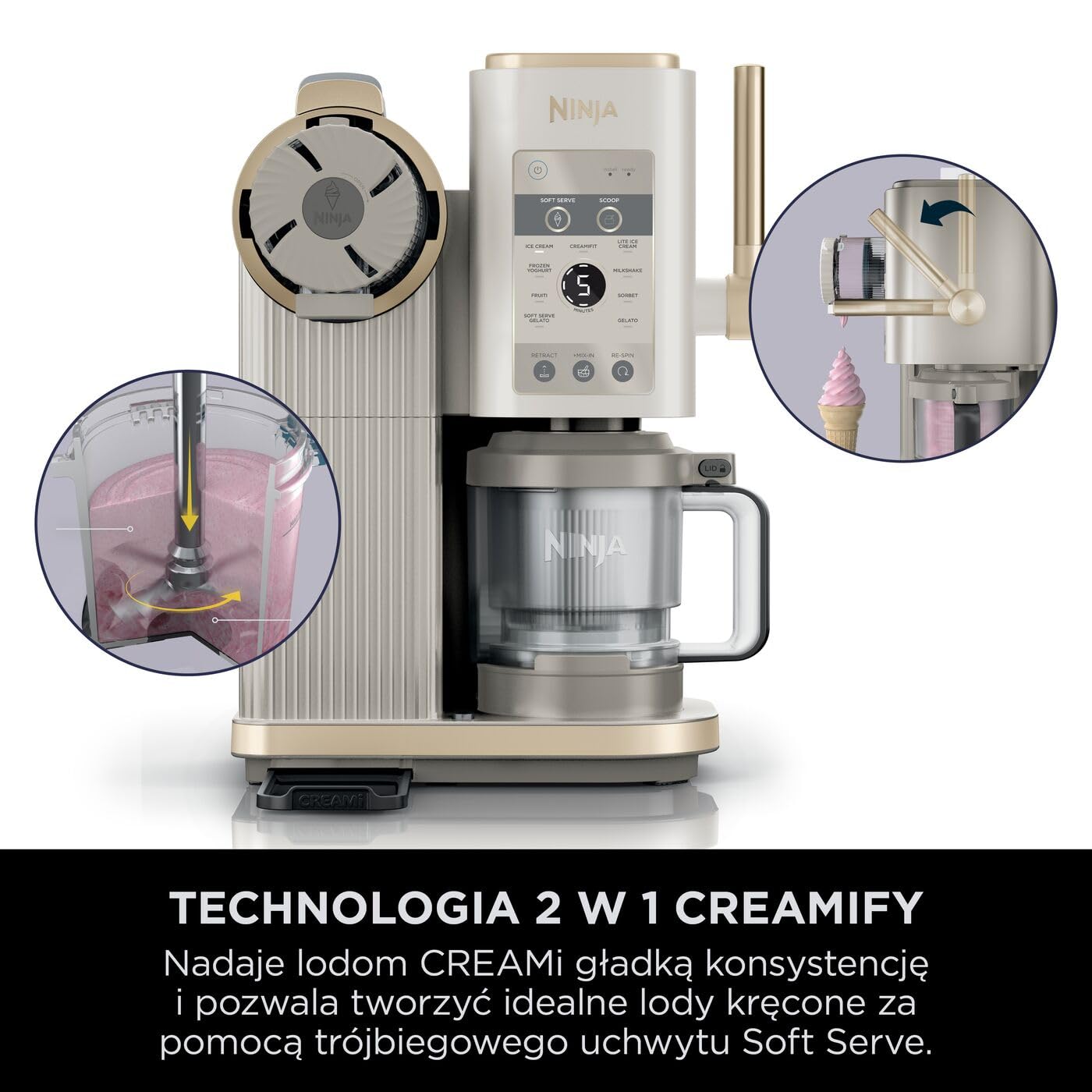 Ninja CREAMi Scoop and Swirl Maszyna do lodów z 2 pojemnikami, 13 funkcji, przygotowuje lody, lody włoskie, gelato, koktajle mleczne i inne desery, opcja dodatków, kamienne złoto, NC701EUSTGD