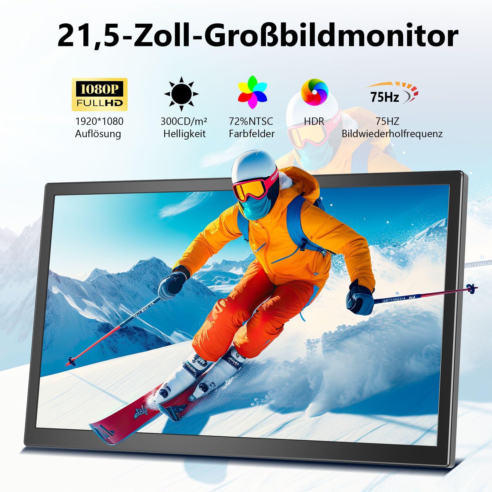 21,5 Zoll FHD Monitor 1080P 75Hz Bildschirm mit HDMI USB-C, VESA Halterung, Eingebaute Lautsprecher, Blaulichtfilter für PC Laptop Gaming Homeoffice