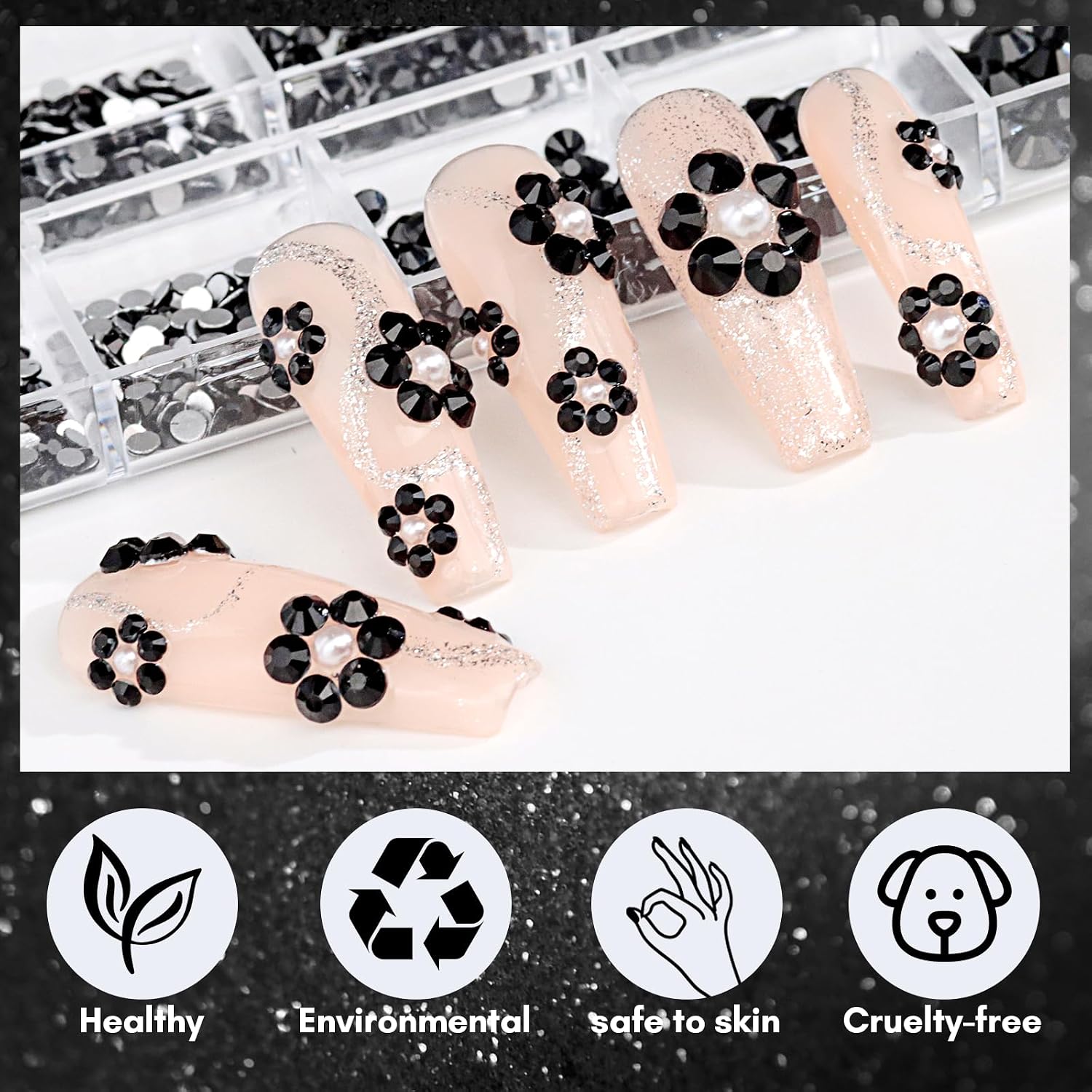 Makartt, 1110 Pcs Rhinestones Set, Black, Round, Multi-Size, Glass or Crystal, for DIY Crafts, Nail Art Supplies Accessories, Christmas Gift | 1110 black round crystals in mixed sizes for nail art, makeup, crafts and accessory decoration projects.