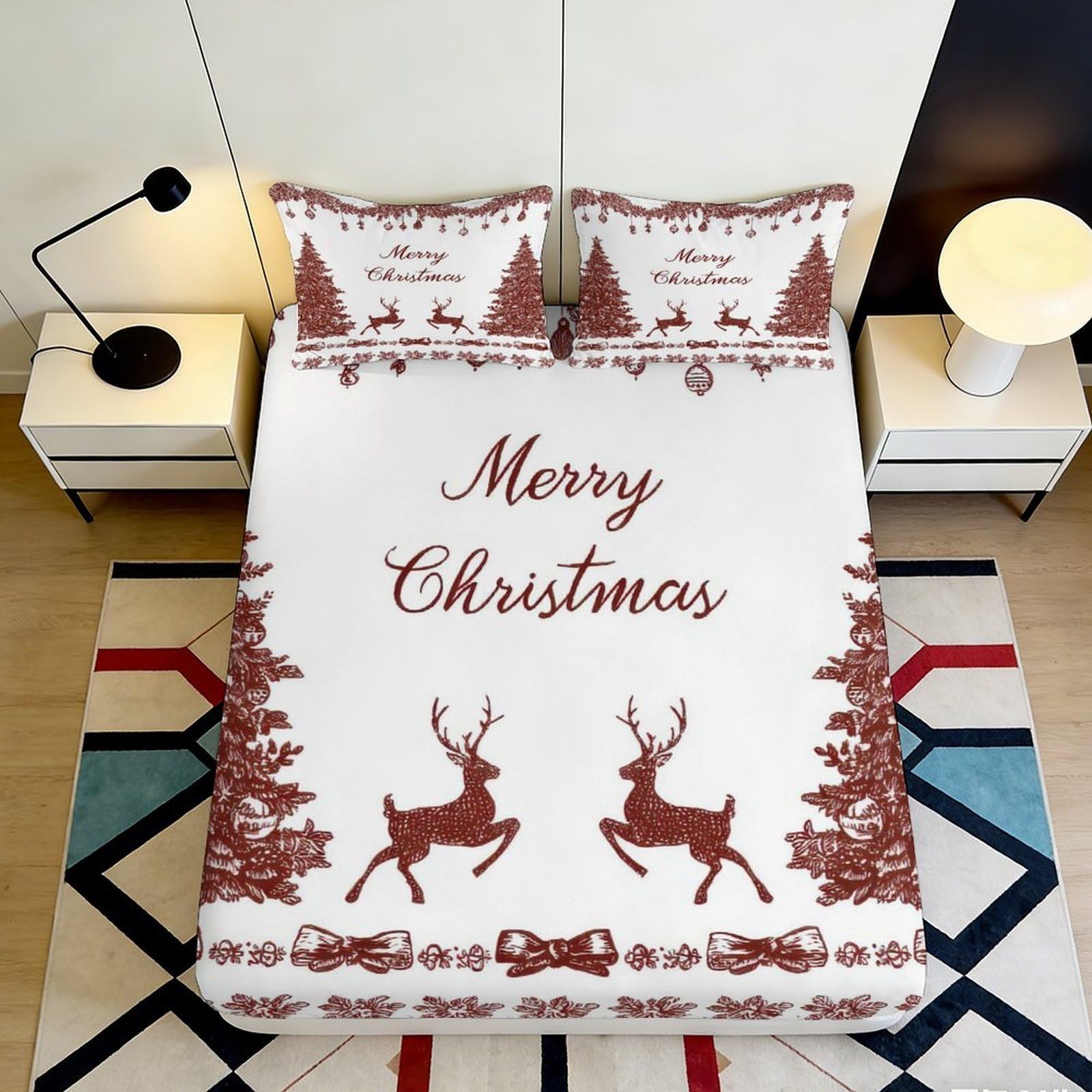 3D Printed Christmas Reindeer Fitted Sheet Microfiber Deep Pocket for Adults Bedroom Xmas Mattress Fitted Cover Non-Slip Washable 90x200x25cm