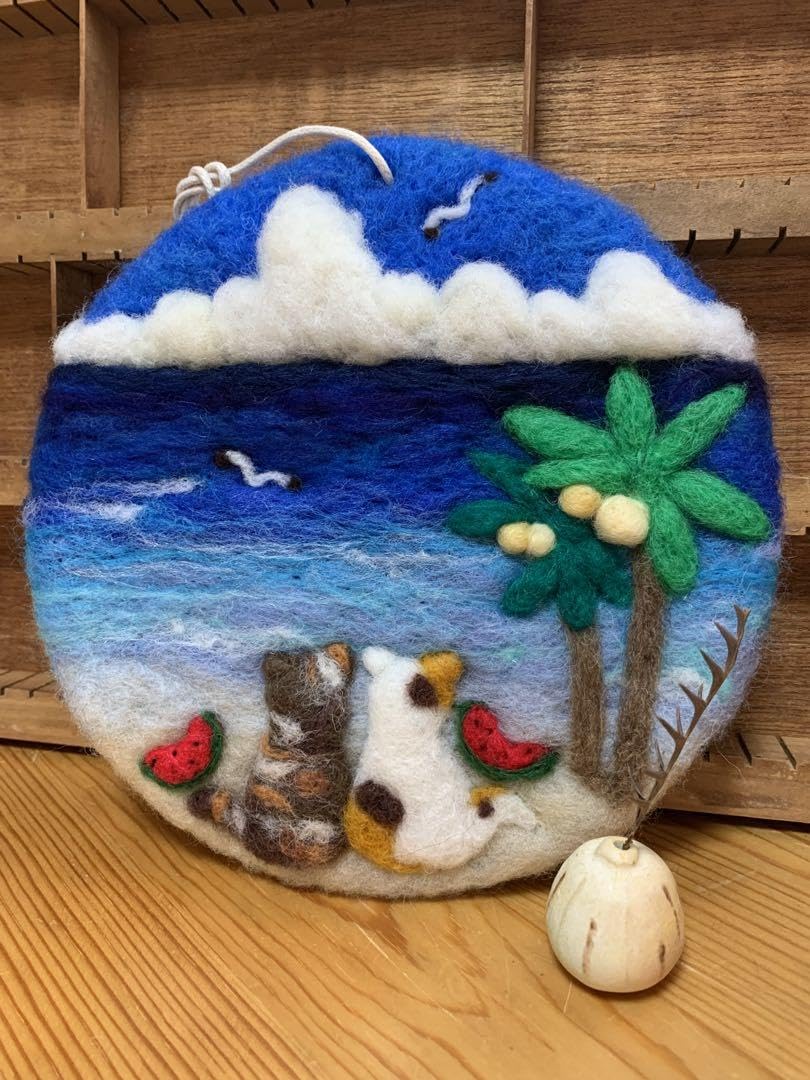 Amazon.co.jp: 猫と海 タペストリー 風景 羊毛フェルト