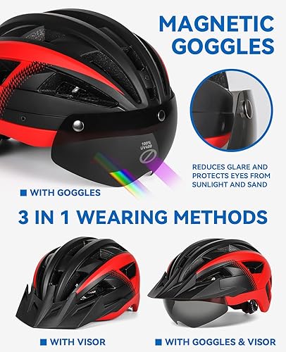 Miniatura 2 de Casco de bicicleta para adultos con visera y gafas para hombres y mujeres, casco de bicicleta de carretera de montaña, casco de ciclismo recargable