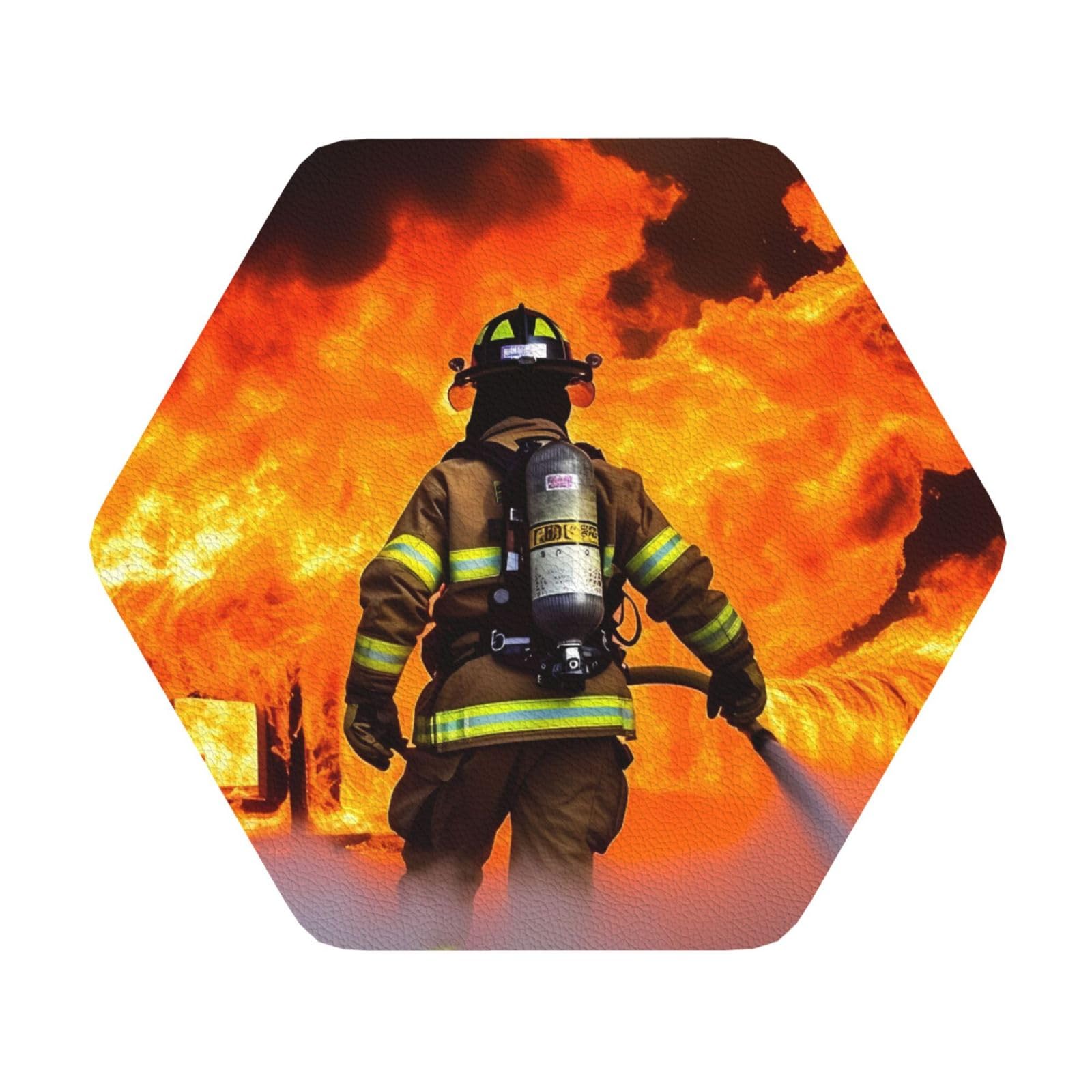 Fodpand Hexagon Firefighter Fireman Flame Drink Coasters Set Of 4, Heat Resistant Leather Coasters Fuuny Bar Beer Beverage Coaster For Drinks, Absorbent Cup Mat For Tabletop Protection, Housewarming Gift