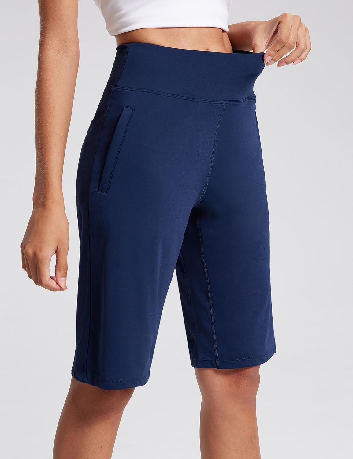 AJISAI Women's 9"/12" High Waisted Bermuda Shorts with Zippered Pockets Knee Length Long Shorts for Women Workout Athletic - Image 4