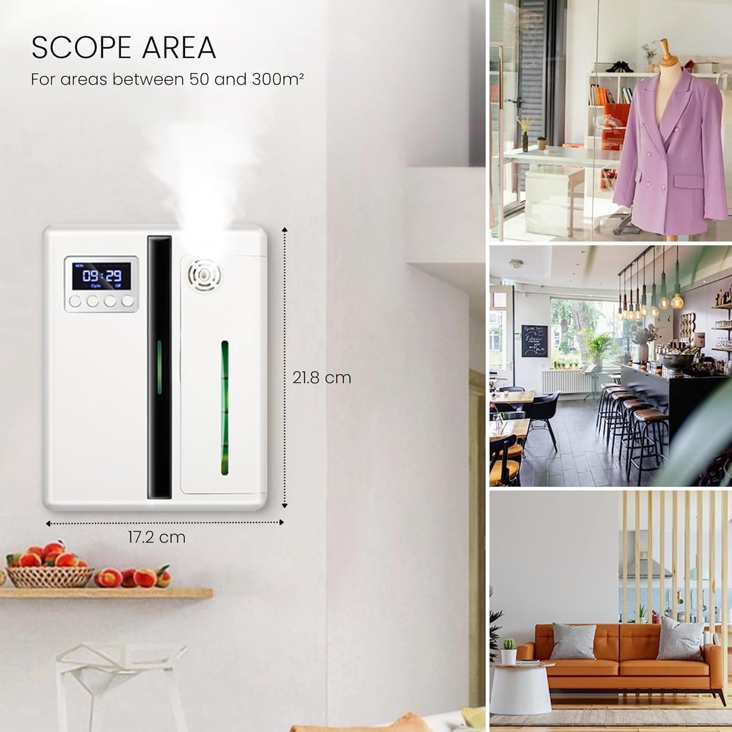 Image showing the diffuser's dimensions and its suitability for various spaces up to 300 square meters