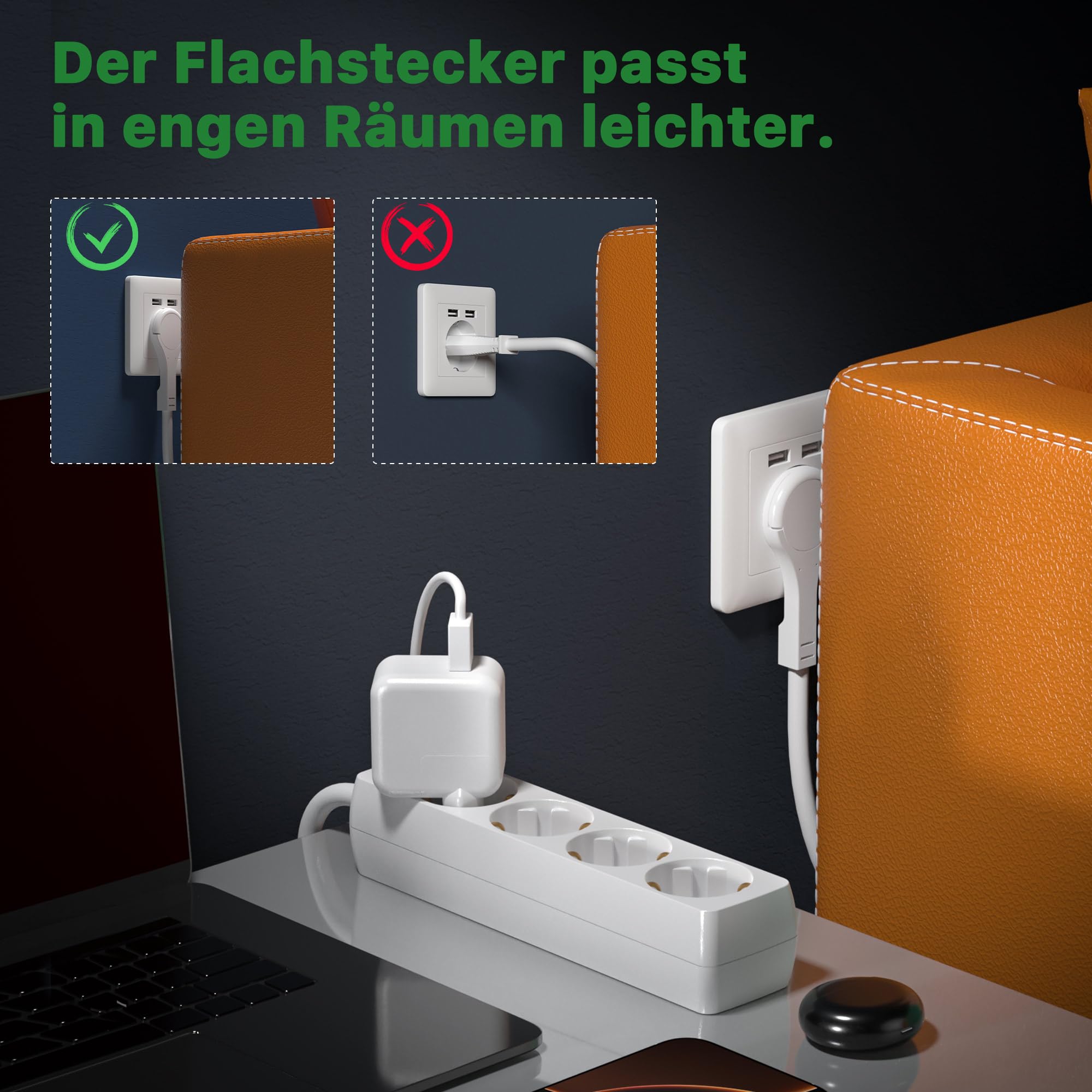 RealMade Stekkerdoos met USB en USB-C, 4-voudig stopcontact met 1,5 m verlengkabel, platte stekker, 3680 W stopcontact met schakelaar, kinderbeveiliging, stopcontact voor kantoor en thuis, wit
