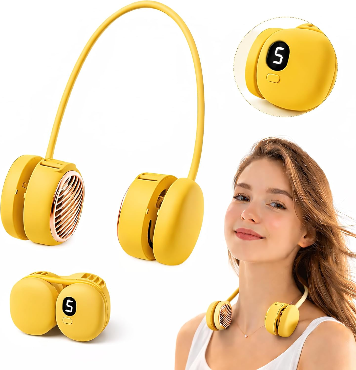Battery Powered Neck Fan That Blows Cold Air - Portable Hands-Free Bladeless Fan w/LCD Display | Birthday Gifts for Men, Adjustable 5 Speeds, Ultra Lightweight for Travel, Gym, Office -Yellow