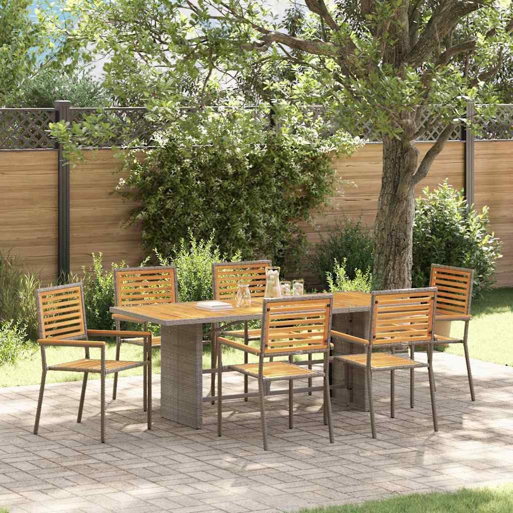 Juego de muebles de jardín de poliratán, 7 piezas, gris y marrón, con tablero de madera de acacia y marco de acero para exteriores