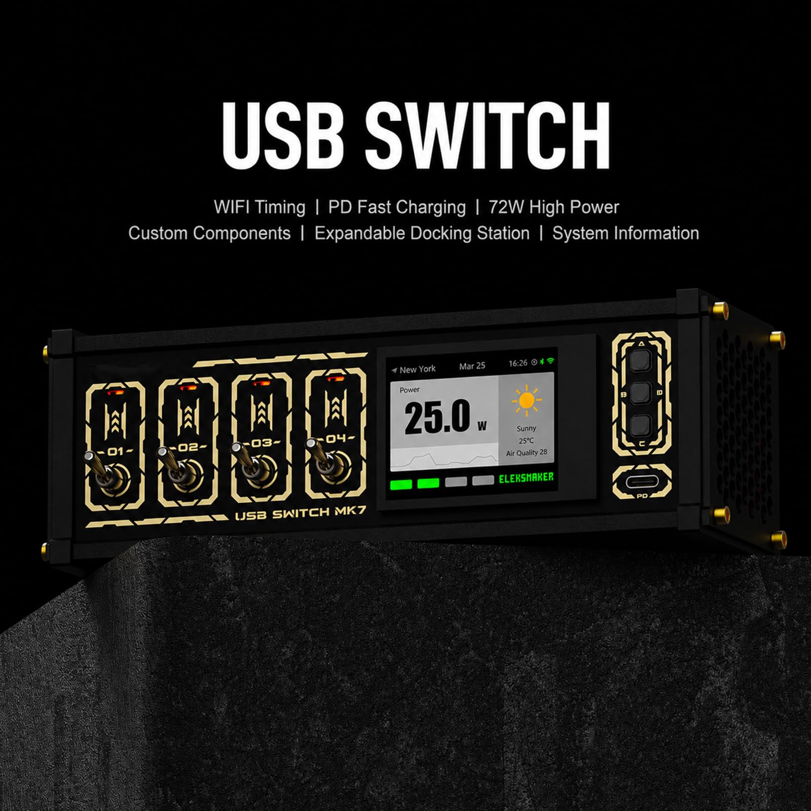 8-portowa stacja dokująca USB, 72 W USB Power Hub, 4 niezależne przełączniki dźwigniowe, wyświetlacz IPS 2,4", inteligentny kontroler zarządzania energią do urządzeń stacjonarnych