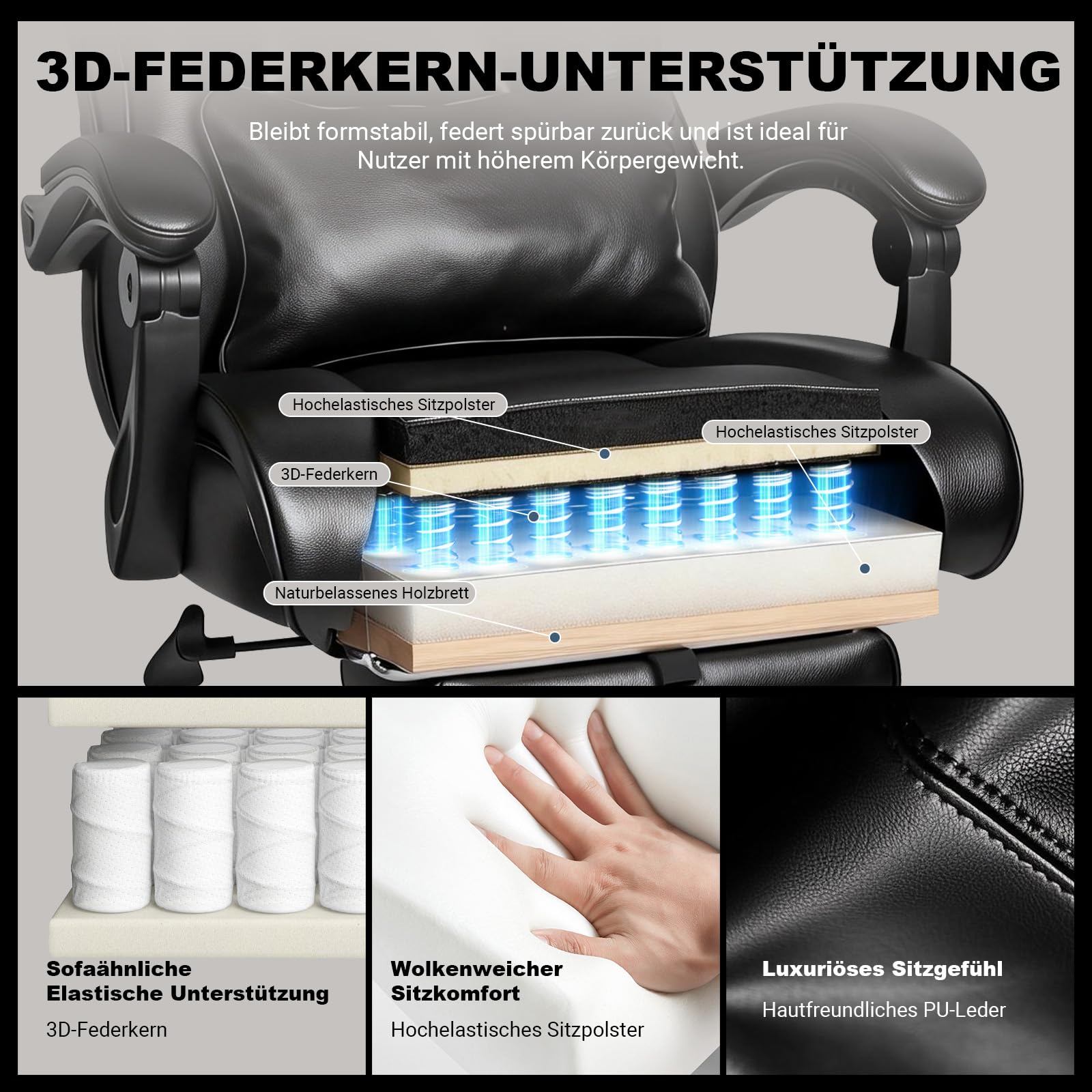 BASETBL Bürostuhl 200kg, Chefsessel mit 4-stufiger Gasdruckfeder, 3D Armlehnen, Verstellbarer Lendenstütze & Kopfstütze, Leises Gummirollen, XXL breiter Sitz, EN12520, ergonomischer Schreibtischstuhl