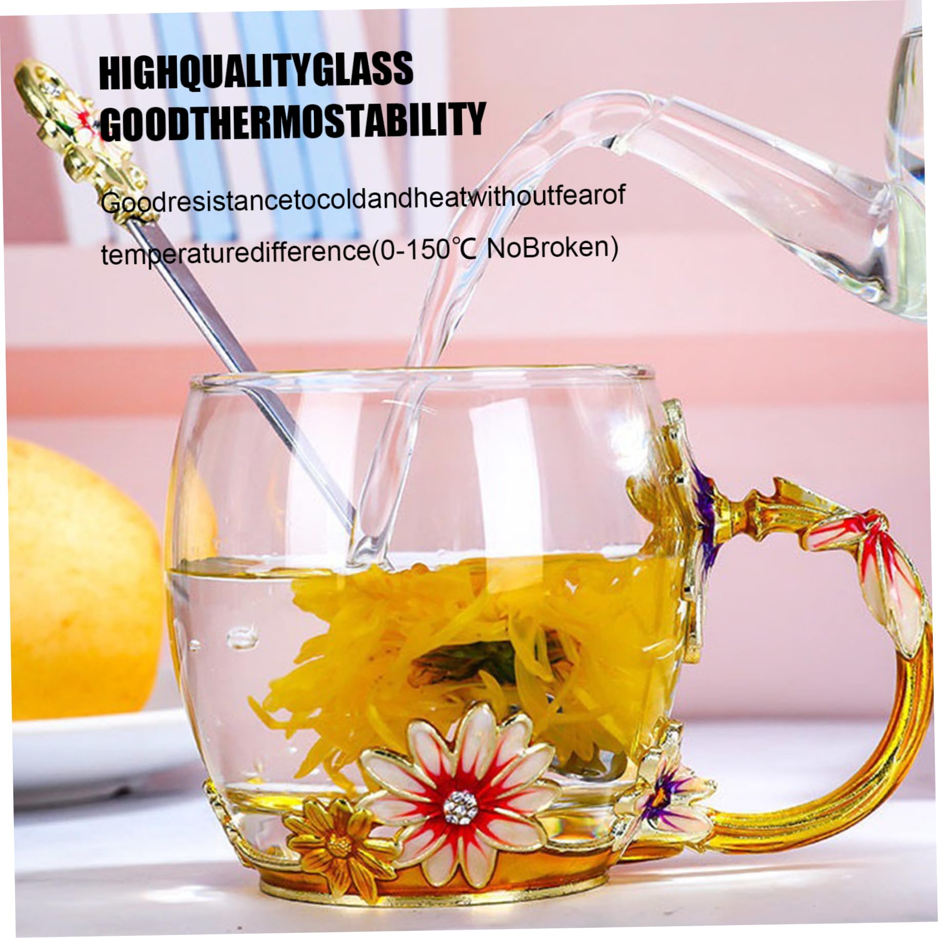Enamel Glass Mug Clear Flower Glass Mug with Spoon Novelty Enamel Flower Tea Coffee Cup for Birthday Gift Short 320ml Novelty Glass Mugs Enamel Flower Cups Flower Glass Mug