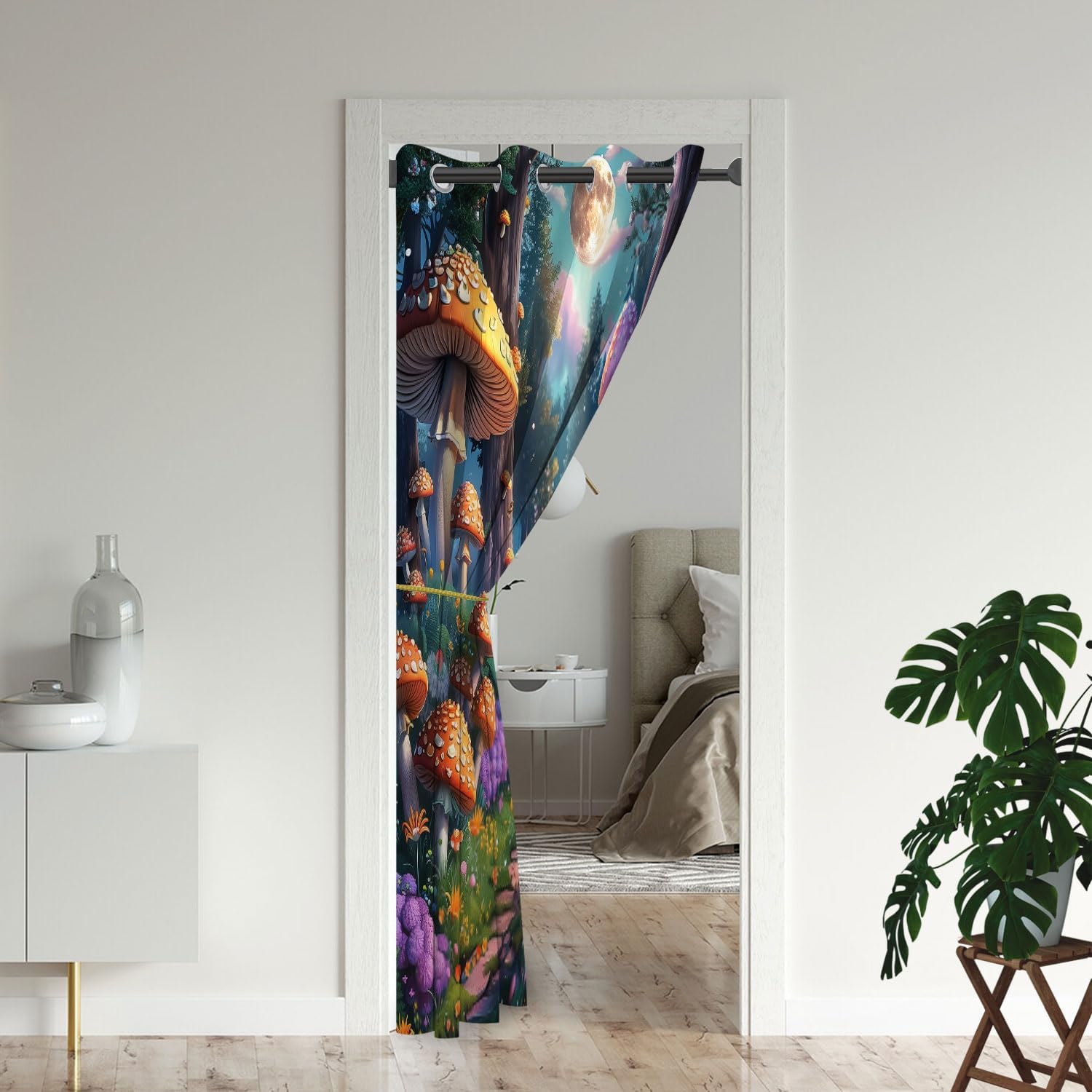 Forest Fairy Tales Door Curtains for Doorways, Mushroom Wonderland Botanical Blackout Curtain for Kids Bedroom Closet, Grommet Thermal Insulated Privacy Door Drapes for Room Divider, 42"W x 80"L