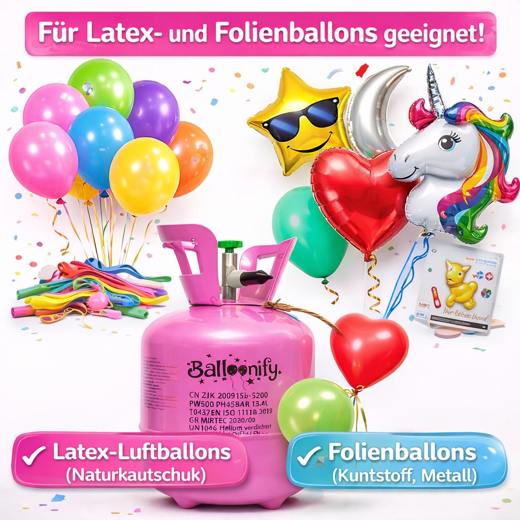 BALLONGAS FÜR 50 Luftballons + 50 Ballons + FÜLLVENTIL | Helium Einweg Flasche Luftballon Folienballon Deko Geburtstag Party Hochzeit