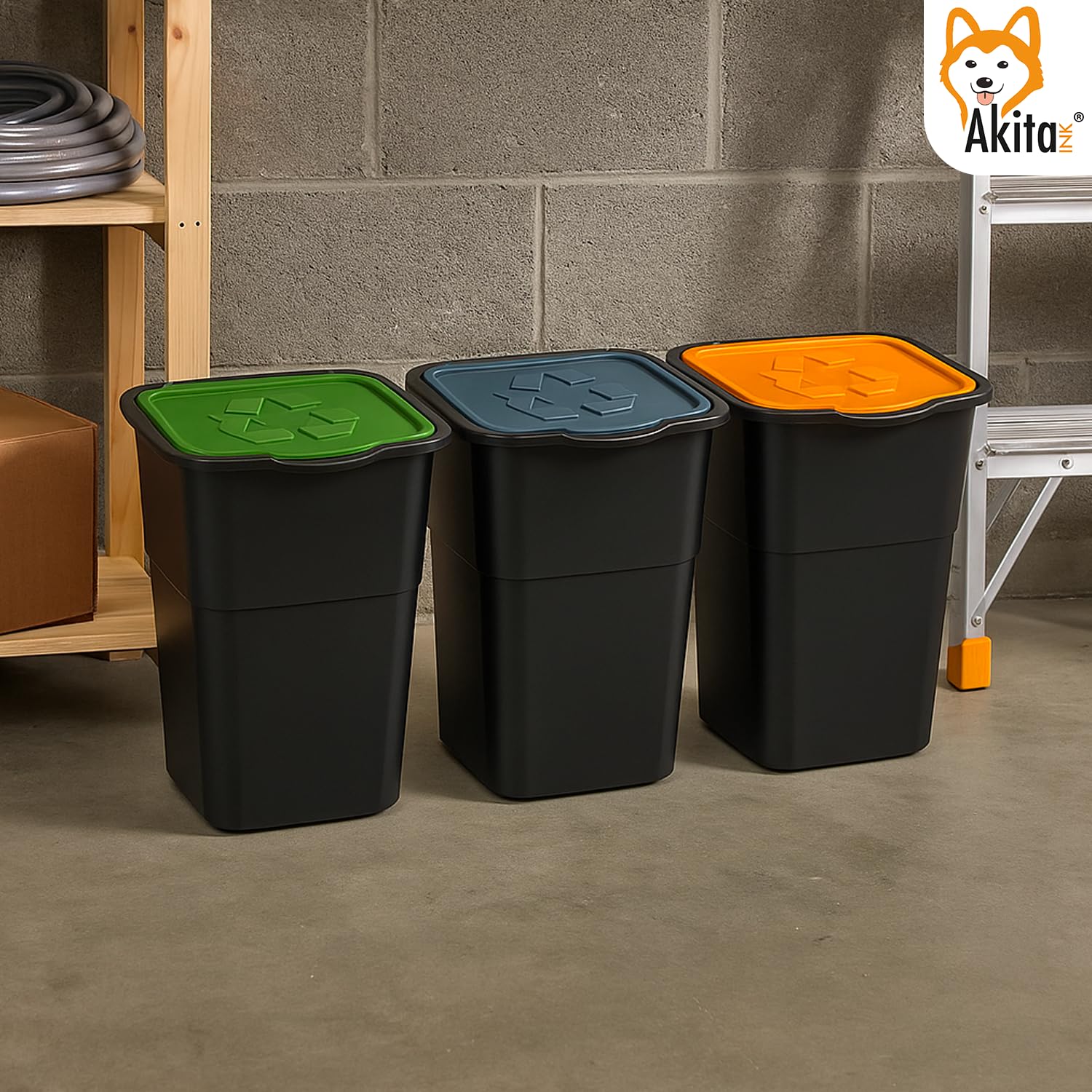 AKITAInk AKIECO3 Pattumiera Raccolta Differenziata 3x50L con Coperchi Colorati – Bidoni Spazzatura in Plastica Resistente per Interni ed Esterni – Casa, Ufficio, Giardino – Made in Italy