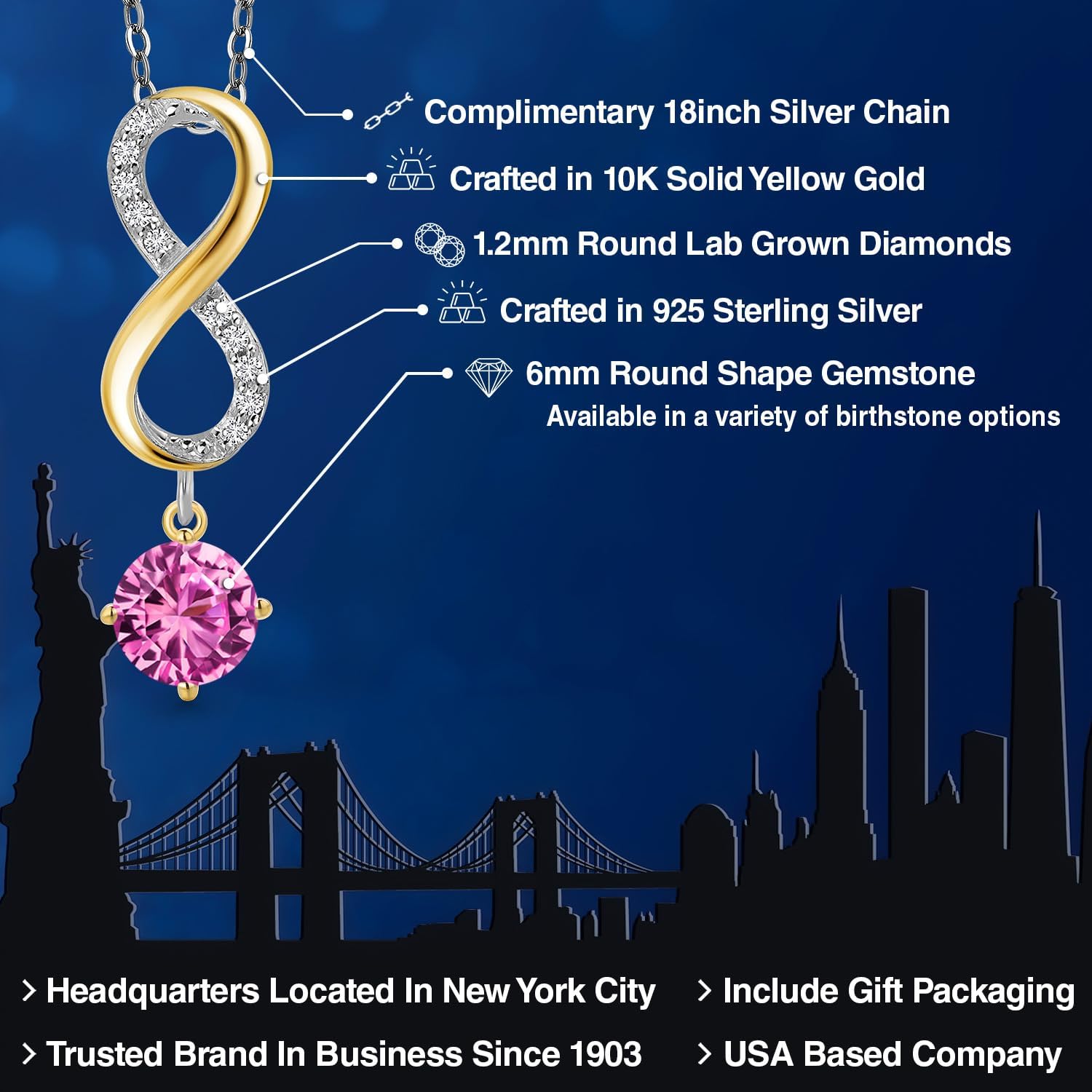 Gem Stone King 925 Silver and 10K Yellow Gold Pink Created Sapphire and Lab Grown Diamond Pendant Necklace for Women | 2.08 Cttw | Gemstone September Birthstone | Round 6MM | With 18 Inch Silver Chain - Image 2