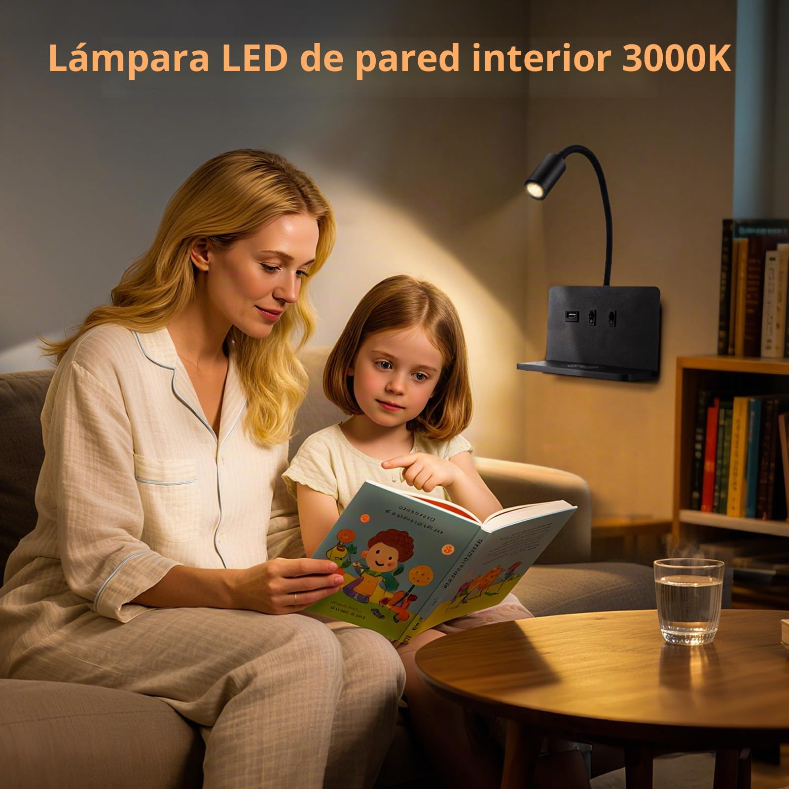 luz de lectura pared con Puerto de Carga USB y Carga inalámbrica, Lámpara de pared LED 3W + 9W 3000K, Regulable Iluminación Ambiental de Dormitorio (Negro)
