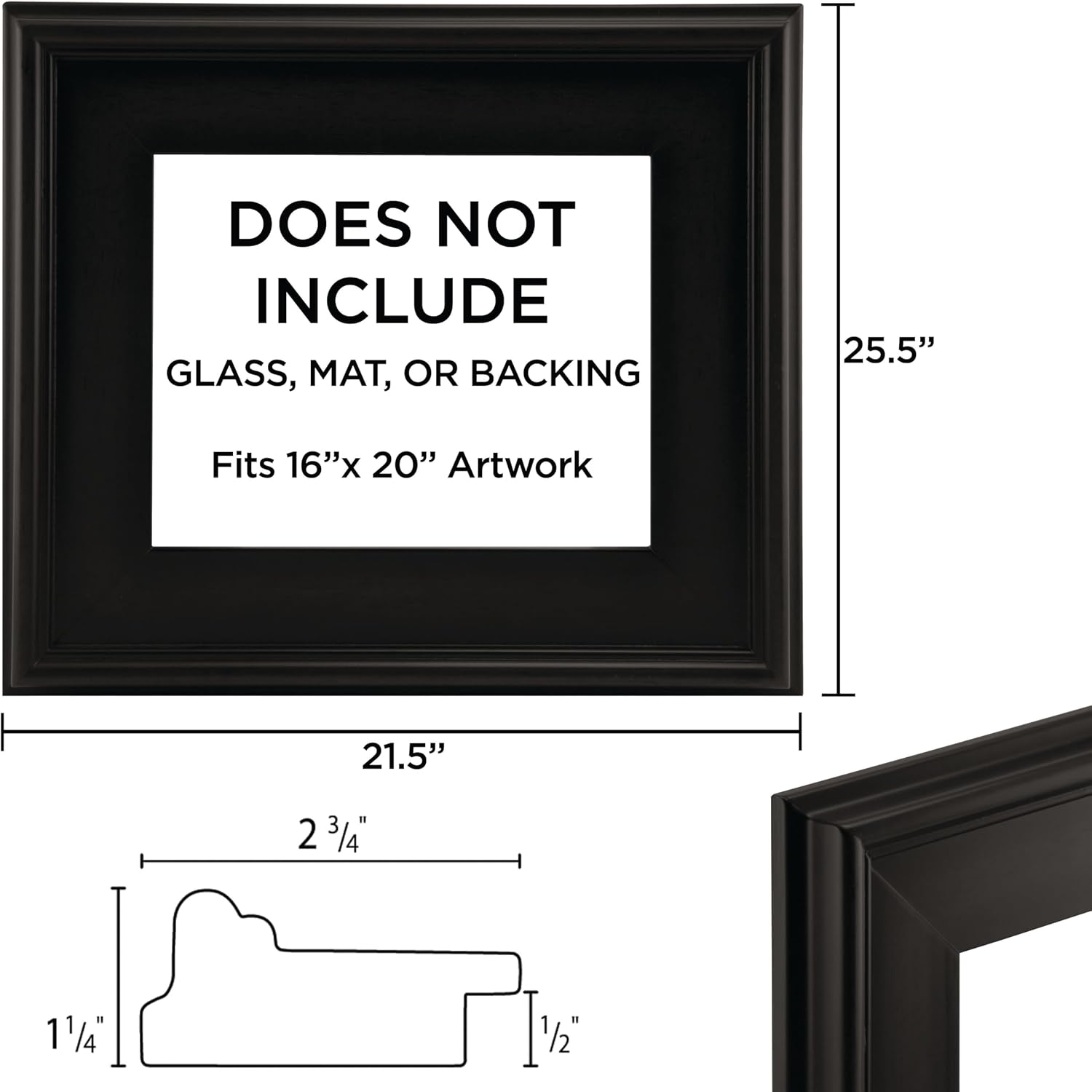 Creative Mark Plein Air Style Frame, Black, 16x20-2.75" Wide Moulding with 1/2" Rabbet Depth, Open Back W/O Glazing, Museum Quality, For Art Panels, Stretched Canvas, Pictures & More