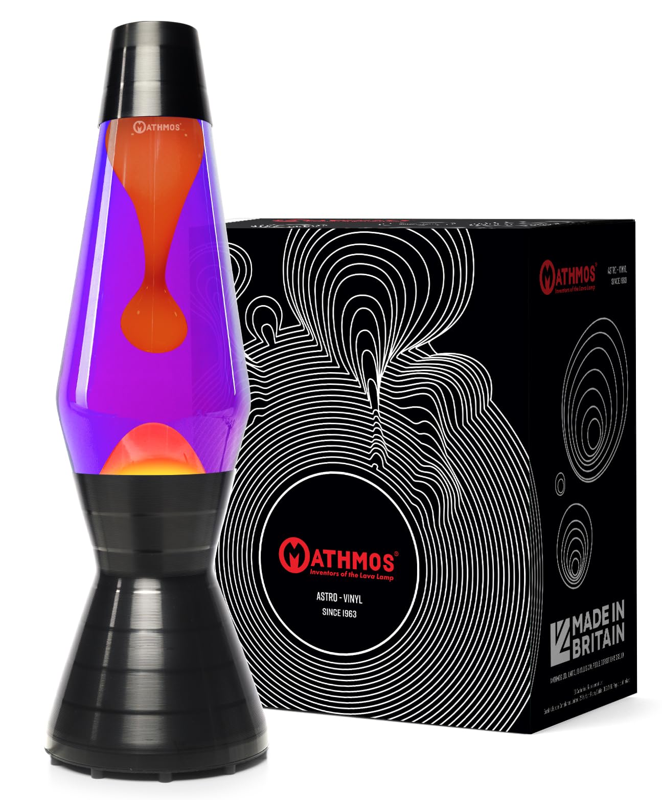 MATHMOS Astro Lava Lamp in Vinyl | A Unique Finish, Inspired by Vinyl Records | Made in Britain | Violet & Orange | Hand Spun and Etched by UK Craftsman | Made to the Highest Safety Standards