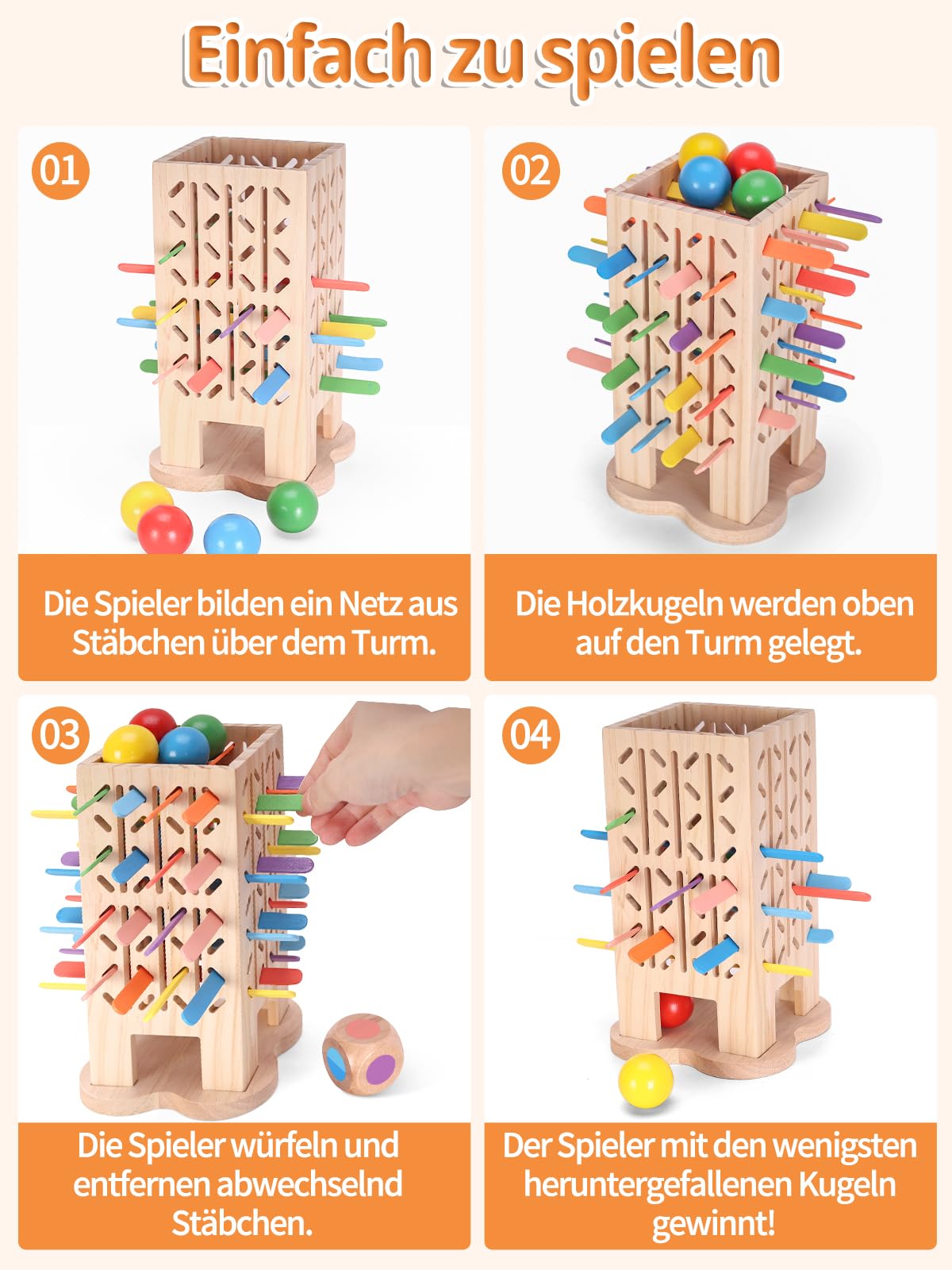 Montessori Spielzeug ab 3 Jahren, 60 Stück Holz Lernspiele, Holzturm Spiele Farblernturm Brettspiel Stäben Würfelspiel, für Familienspiel Reisespiel Kinderspiel Kinder Geschenk - 4