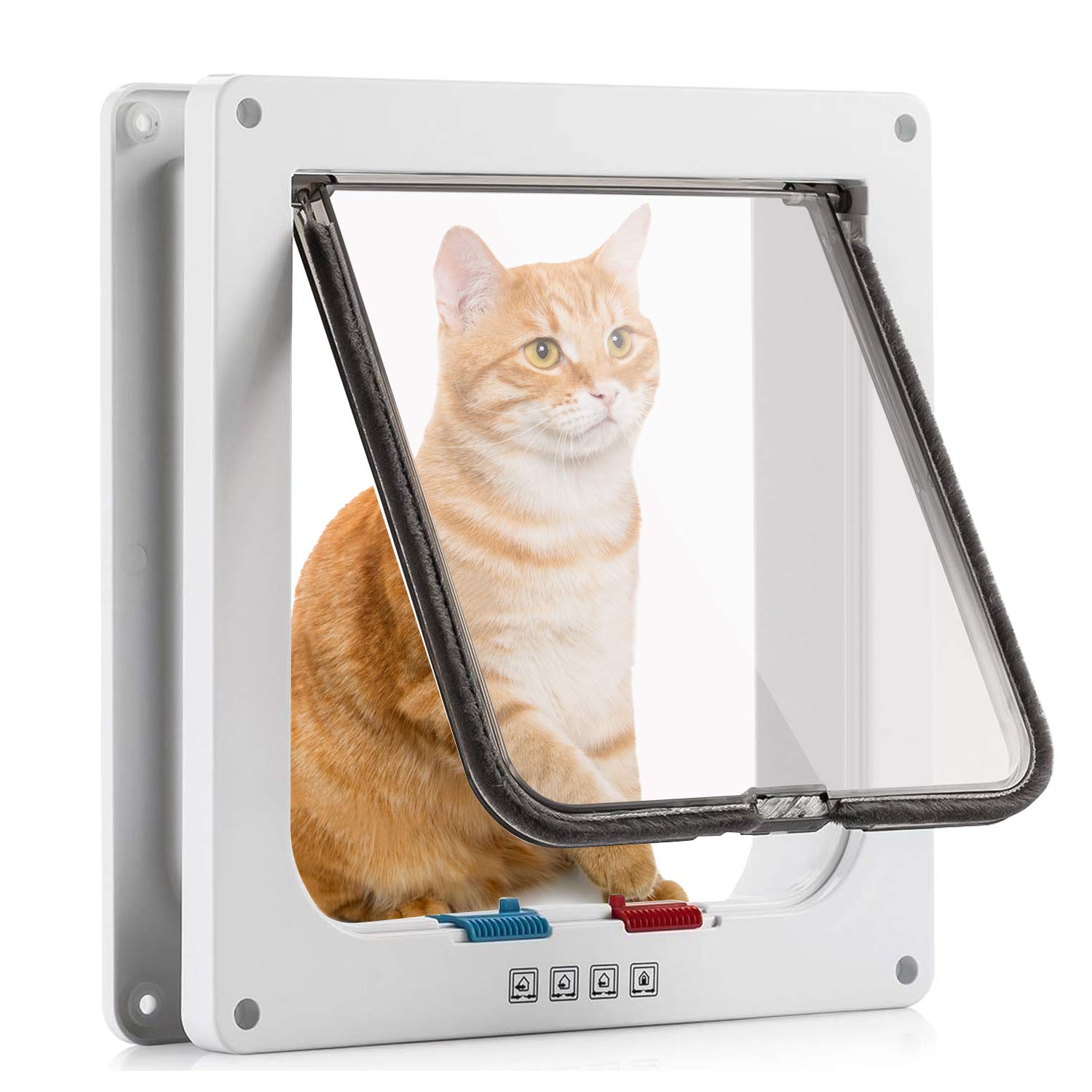 Sailnovo Puerta de gato XL (tamaño exterior 24,5 x 28,5 x 5,5 cm), puerta para gatos con cerradura de 4 vías para puertas interiores y exteriores, resistente a la intemperie para gatos y perros, color