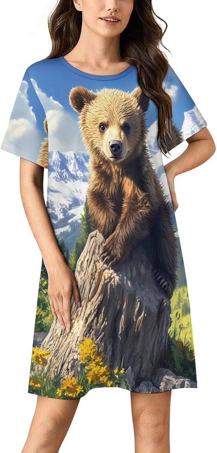 Bear in Forests Nightgowns for Women Short Sleeve Sleep Dress Casual Sleepshirt Night Gowns Pajamas