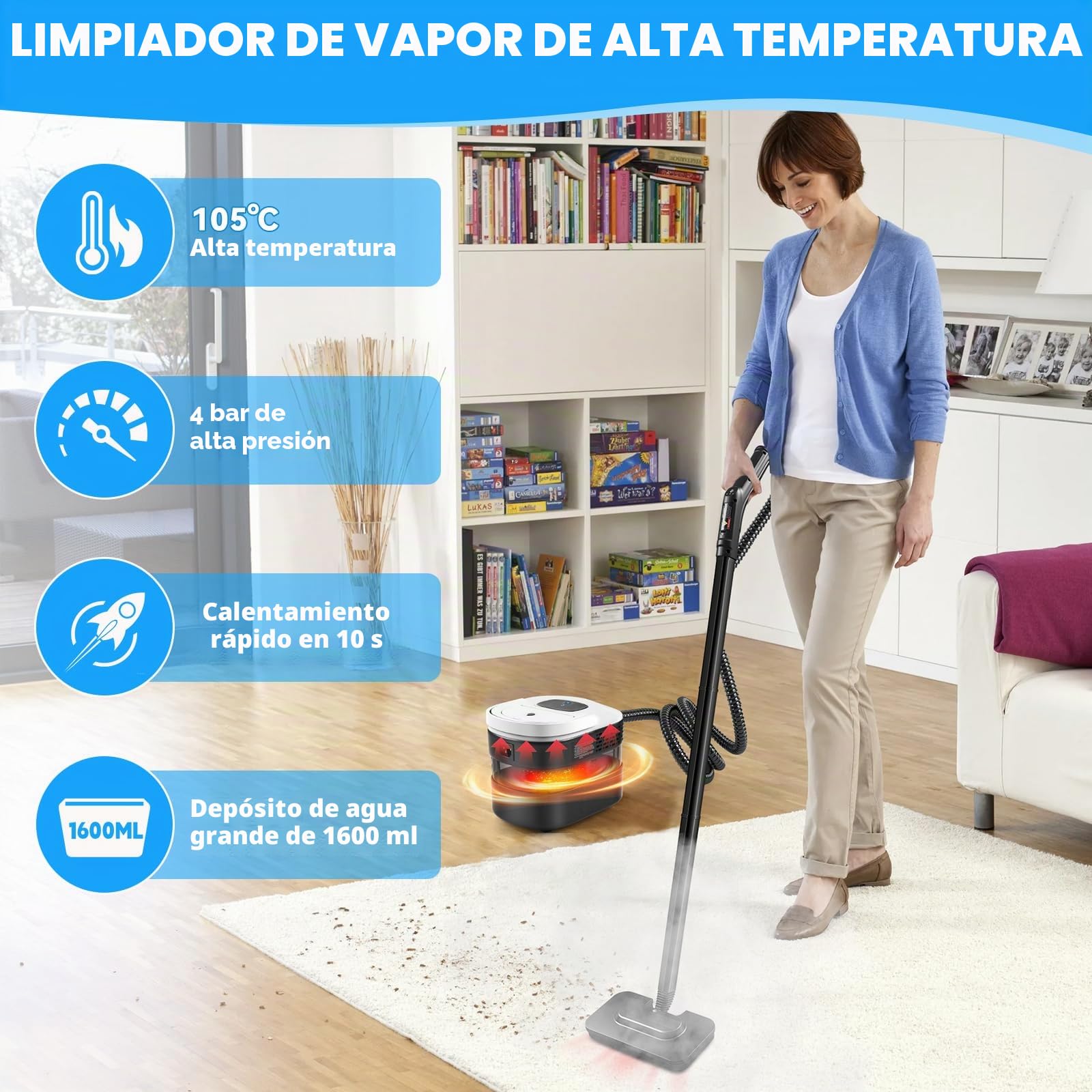 Limpiador de vapor manual, 2500 W, limpiador de vapor para todo con 15 accesorios, presión de vapor de 4,5 bar, depósito de 1600 ml, portátil para ventanas, cocina, suelo, coche