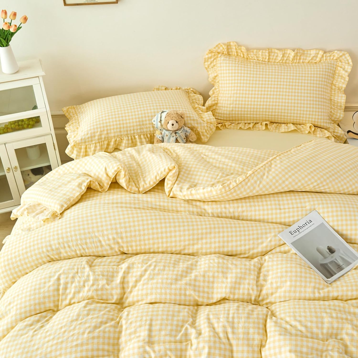 RYNGHIPY Yellow Gingham Comforter Set 5 Pcs Plaid Ruffle Full Bed in a Bag | Vintage Farmhouse Grid Bedding Set Soft Lightweight Checkered Bed Set with Sheets Pre-washed Microfiber Bedding