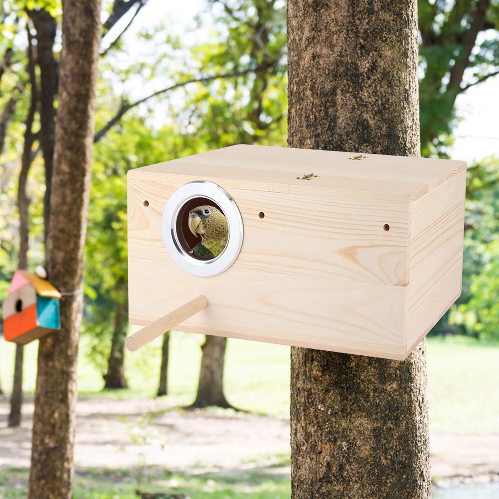 Sittich Nistkasten 34 x 19,5 x 17 cm Natürliche Vogel Zuchtbox Holz Haustier Zuchtbox Käfig Vogelhaus Papageien Paarungsbox mit Ständer für Fink, Kanarienvogel, Sperling