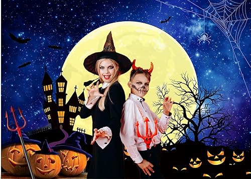 Miniatura 9 de CHAIYA Telón de fondo de Halloween de 8 x 6 pies Jack O'Lantern calabaza linterna naranja noche luna murciélago araña telaraña cementerio fotografía