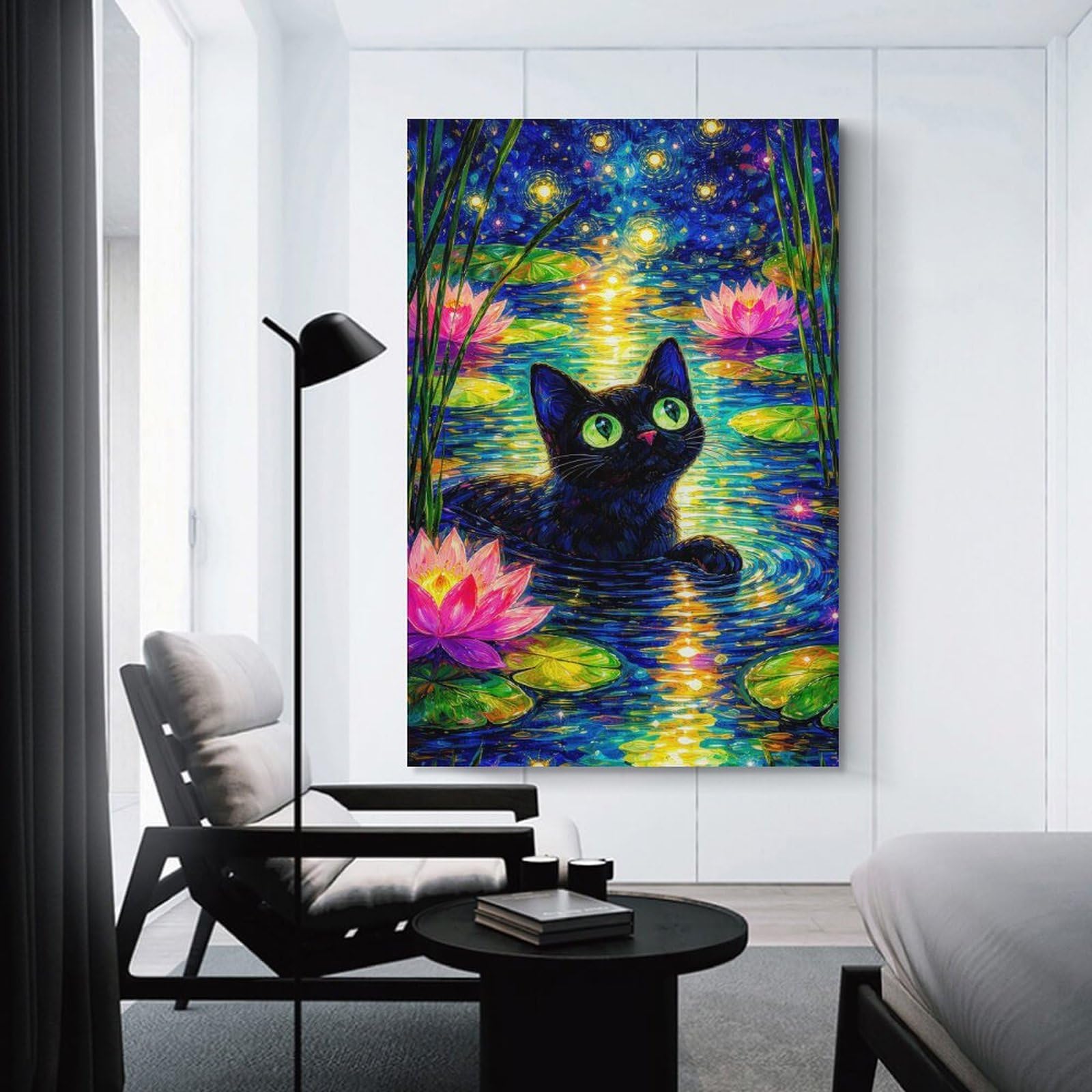 Junmoney Canvas Wall Picture Black Cat in Starry Lily Pond, 24x36inch(60x90cm), for Calm Bedrooms, Home Corners Or Flats, Decorative Wall Art for Cosy Rooms