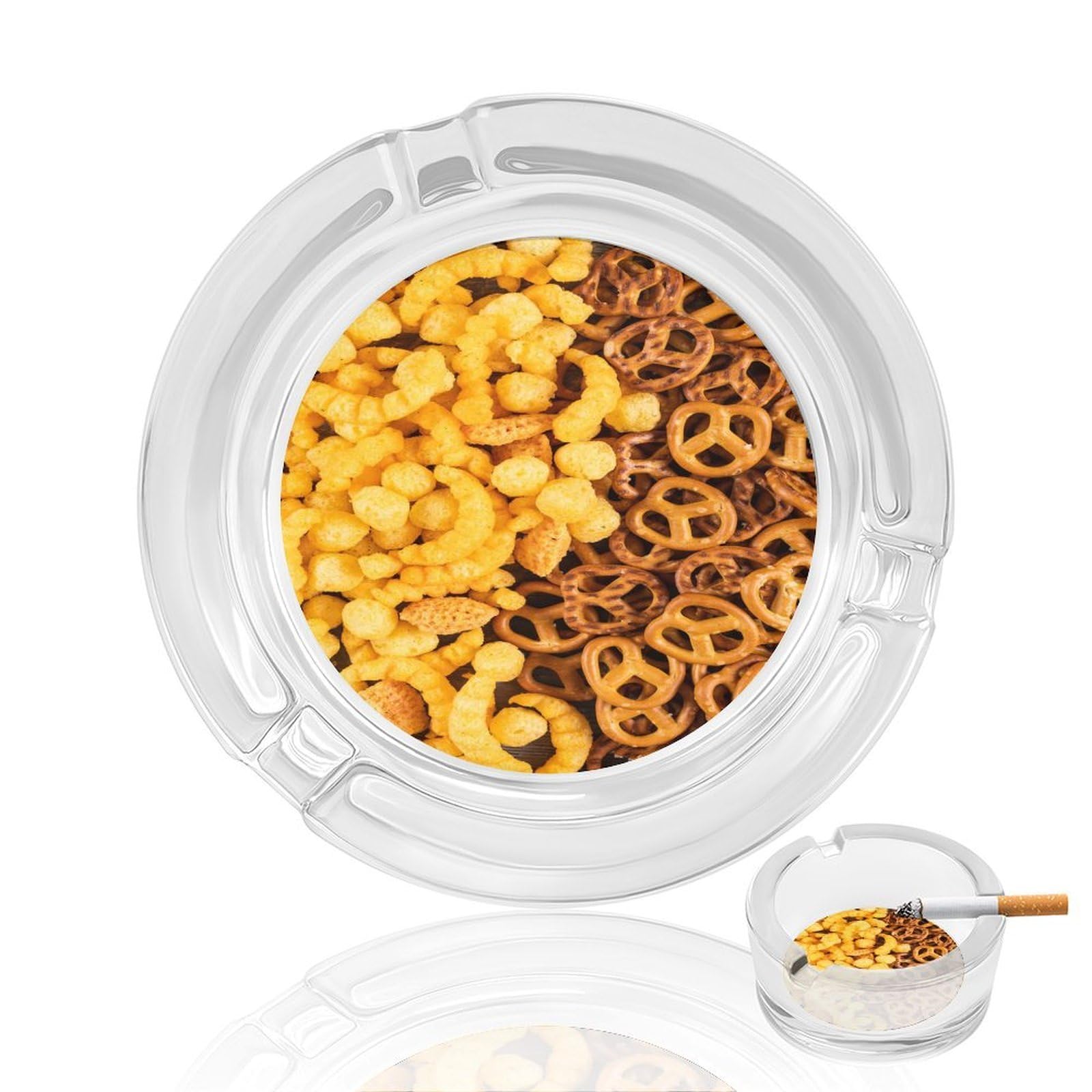 Crackers with Corn Food Pa Glass Ashtray 3.3 Inch Round Cigarette Ash Holder with 4 Grooves for Home Office Outdoor One Size