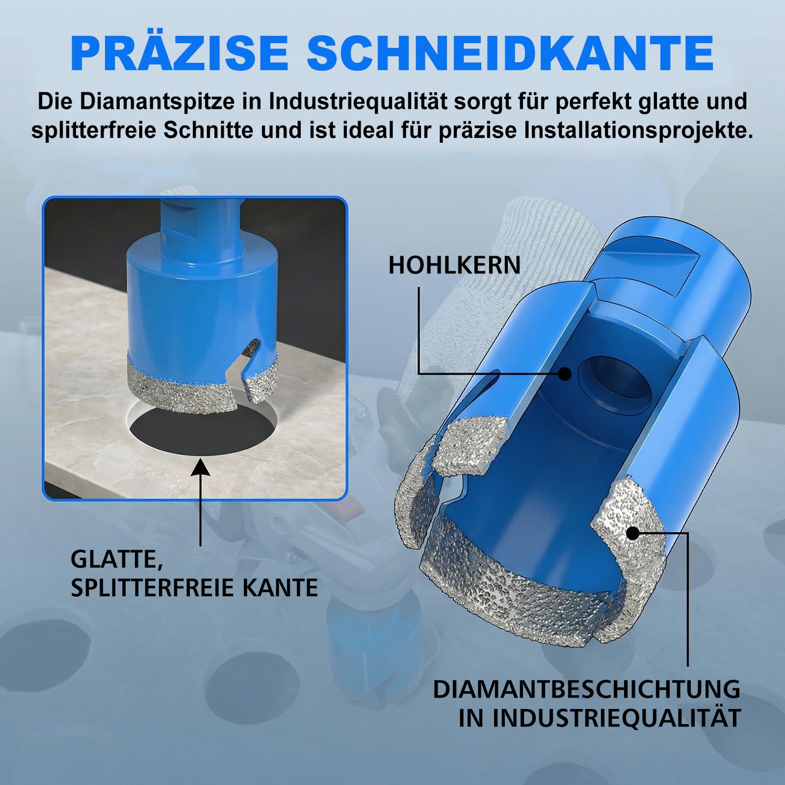 Fliesenbohrer Set 6/6/8/10/20/35/50/68mm - 11 Stücke Diamantbohrer Lochsäge mit Diamantscheibe 125mm und 20mm Fingerfräser ein Adapter für Trockenbohren in Fliesen Granit Marmor Trockenbohren