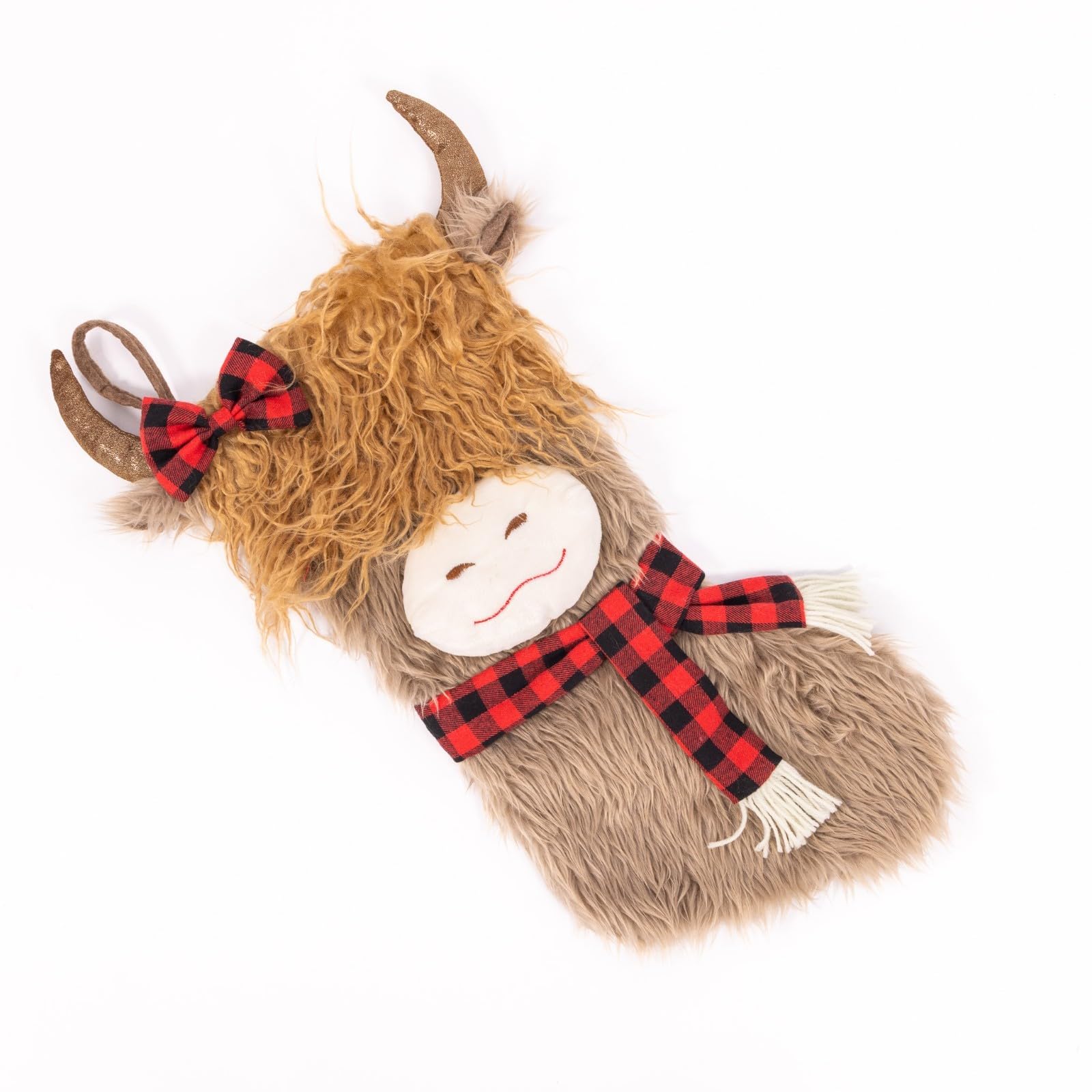 Luupociore Brown Highland Cow Christmas Stocking | Luxury Plush Festive Decoration With 3D Ears & Horns | Rustic Faux Fur & Felt Stocking | 60Cm Large Xmas Fireplace Hanging
