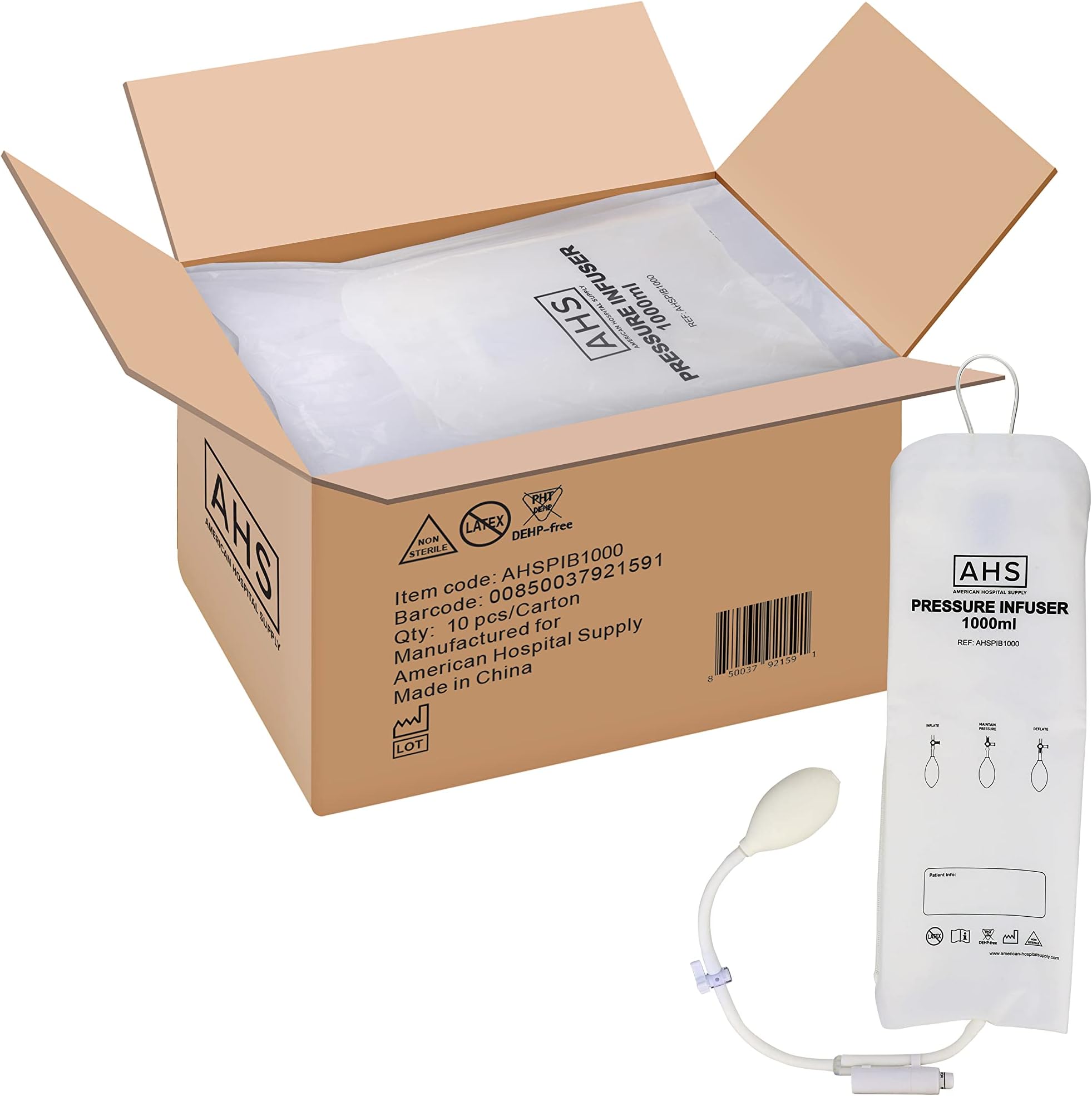 AHS (American Hospital Supply) Pressure Infusion Bag | IV Fluid Delivery Administration Bag (1000 mL, Box of 10)