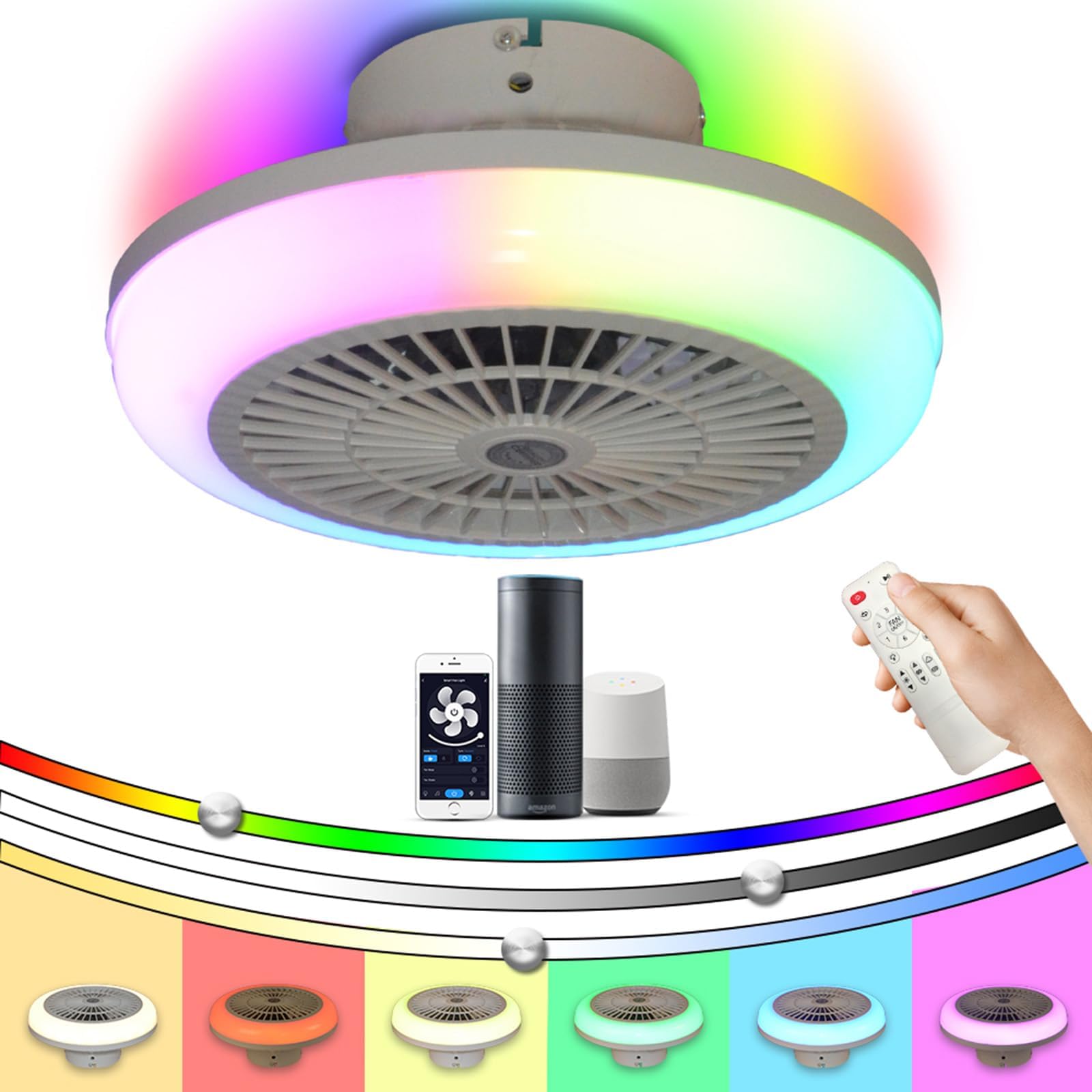 YFHKWJ RGB Alexa Ceiling Fan with Lights Modern Bluetooth Fan Light Ceiling Colour Changing 6-Speed Remote Control RGB Color Flush Mount Enclosed Low Profile Ceiling Fan for Boys Girls Kids Bedroom