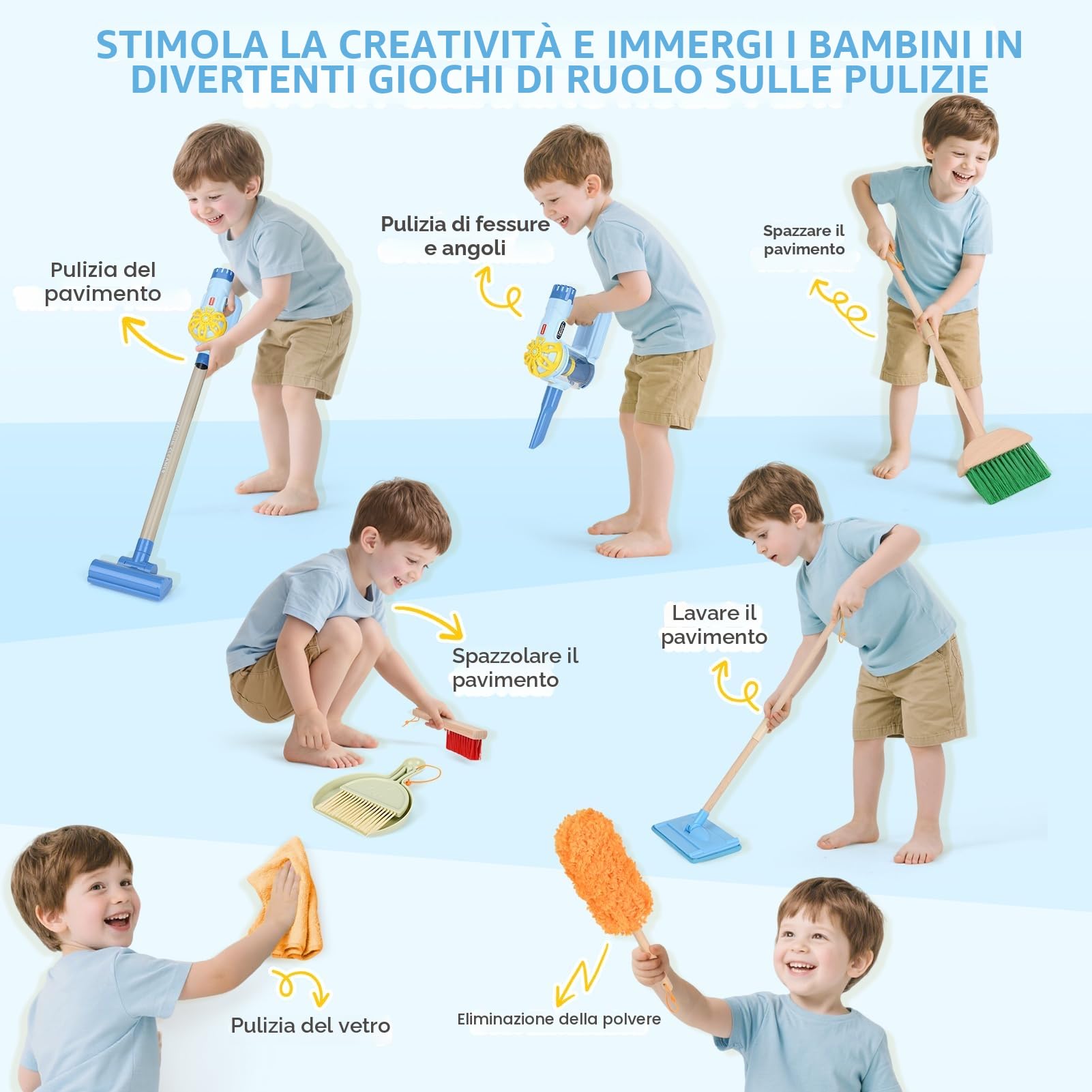 Dreamon Aspirapolvere per Bambini con Aspirazione e Funzione Audio, Set di 11 Accessori per Pulizia, Giocattolo in Legno per Bambini dai 3 Anni in Su