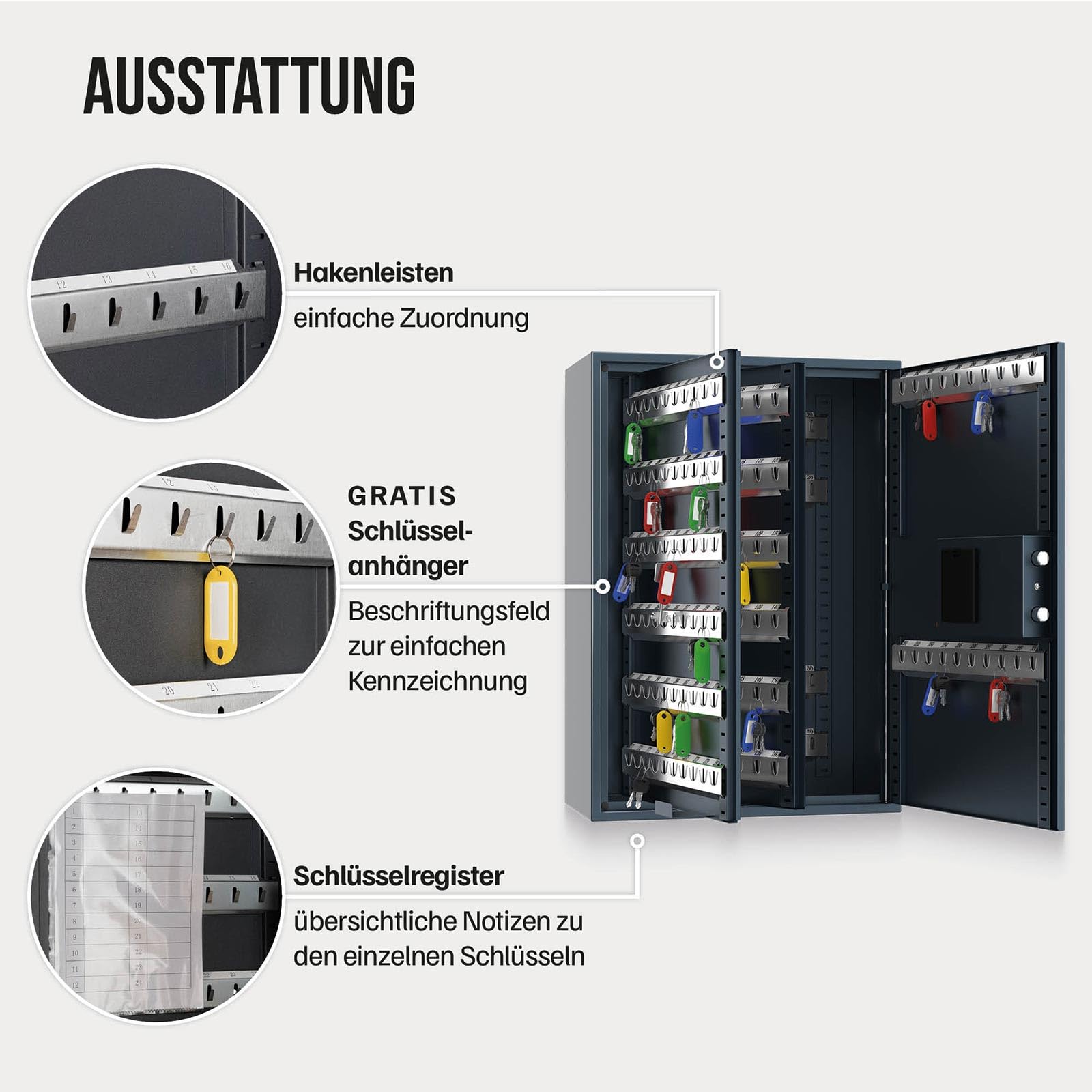 Profirst Armoire à clés Porter 300 Serrure électronique Ouverture d'urgence Acier Gris 15 Barres à Crochets réglables y Compris 300 Porte-clés GRATUITS Matériel de Fixation