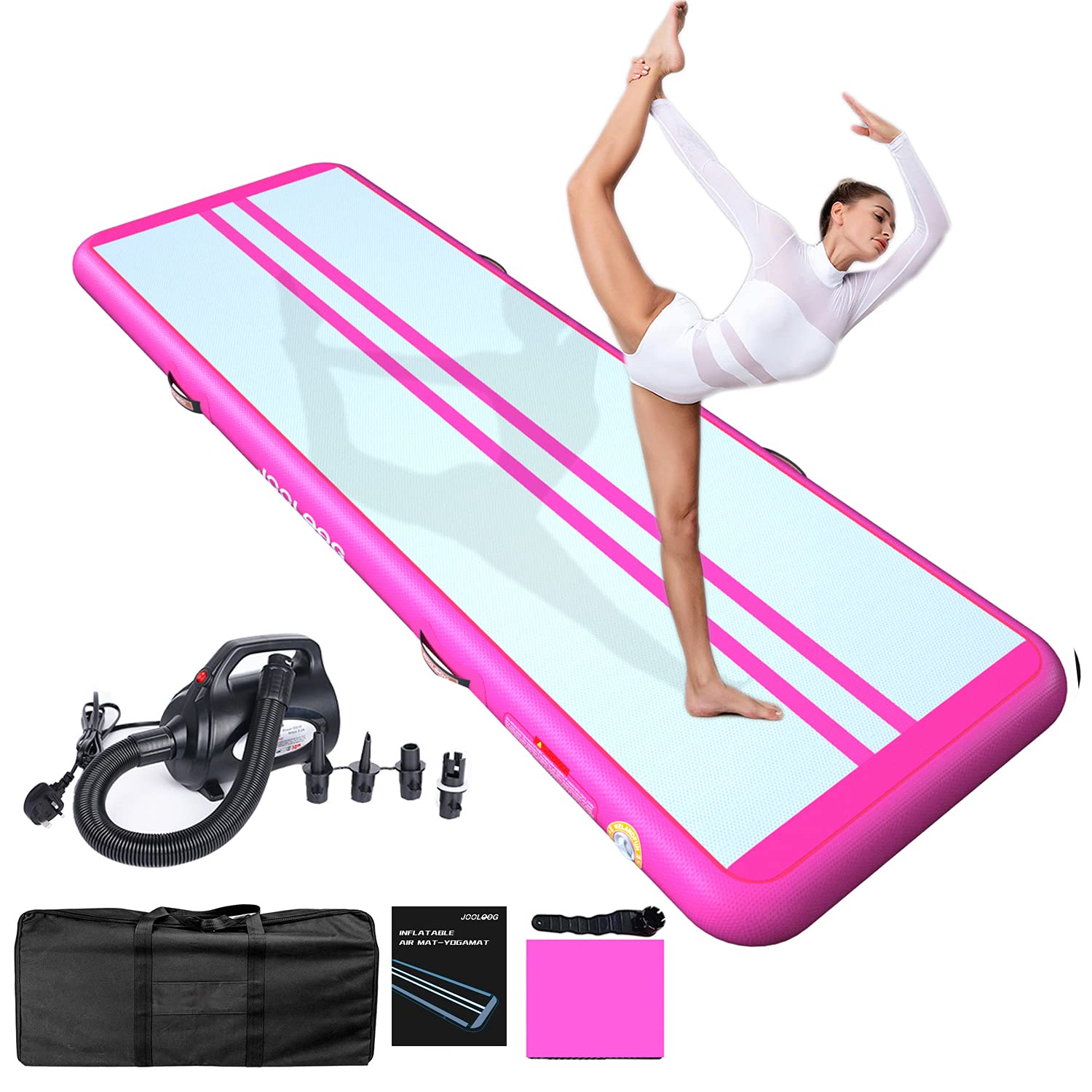 Tapis de gymnastique gonflable de 3m x20 cm d'épaisseur - Pour usage domestique, gym, yoga, entraînement, pom-pom girl en plein air, plage, parc avec pompe à air électrique - Rose